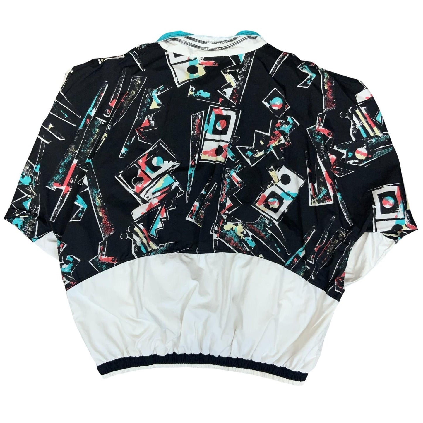 VTG 80s 90s 'REEBOK' 1/2 ZIP BLACK WHITE BLUE GEOMETRIC PULLOVER WINDBREAKER L