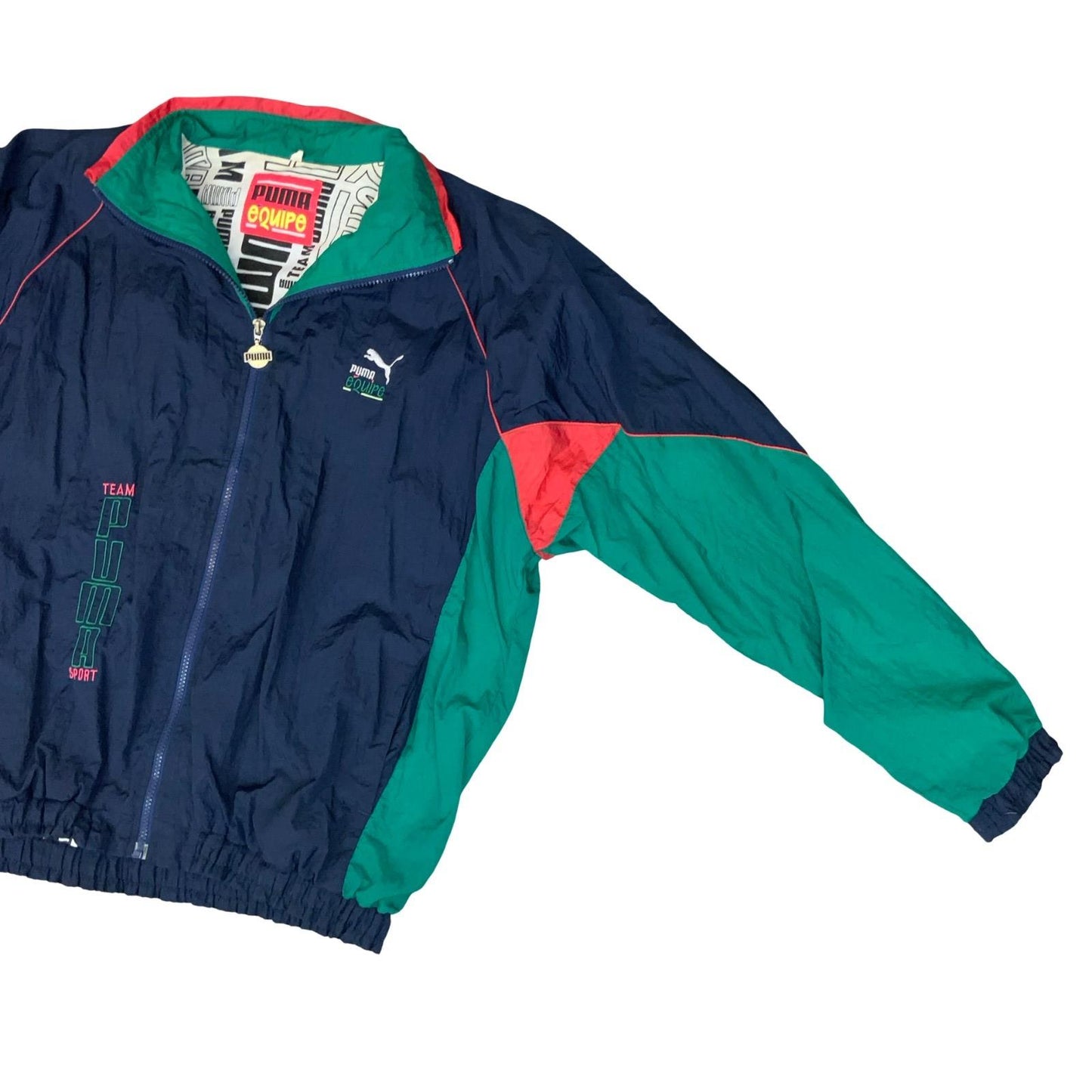 VTG 90s 'PUMA EQUIPE' BLUE GREEN RED COLOUR-BLOCK GRAPHIC LINED WINDBREAKER 2XL
