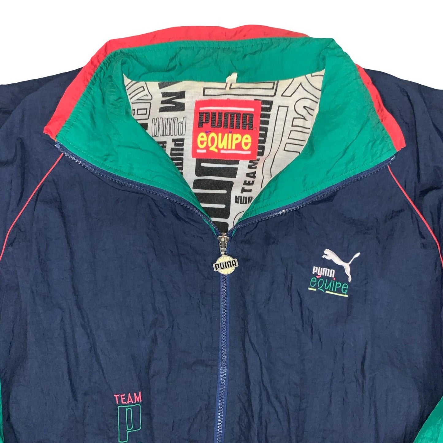 VTG 90s 'PUMA EQUIPE' BLUE GREEN RED COLOUR-BLOCK GRAPHIC LINED WINDBREAKER 2XL