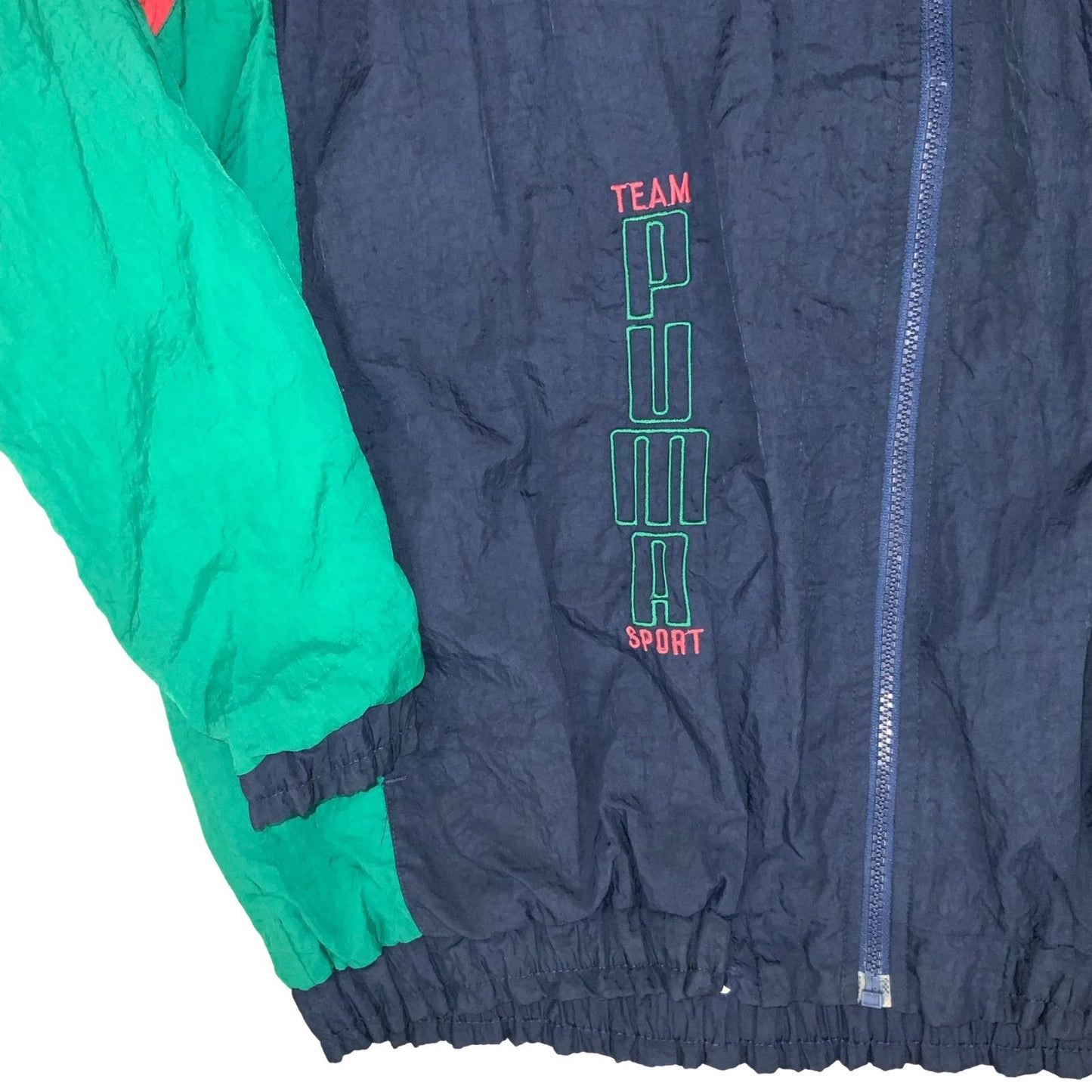 VTG 90s 'PUMA EQUIPE' BLUE GREEN RED COLOUR-BLOCK GRAPHIC LINED WINDBREAKER 2XL