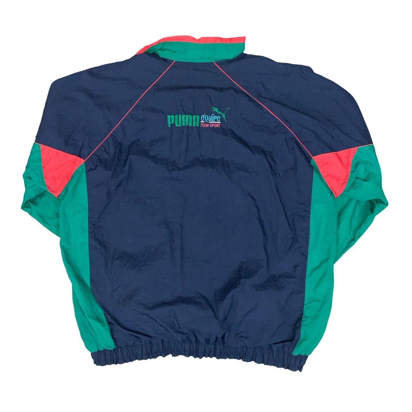 VTG 90s 'PUMA EQUIPE' BLUE GREEN RED COLOUR-BLOCK GRAPHIC LINED WINDBREAKER 2XL