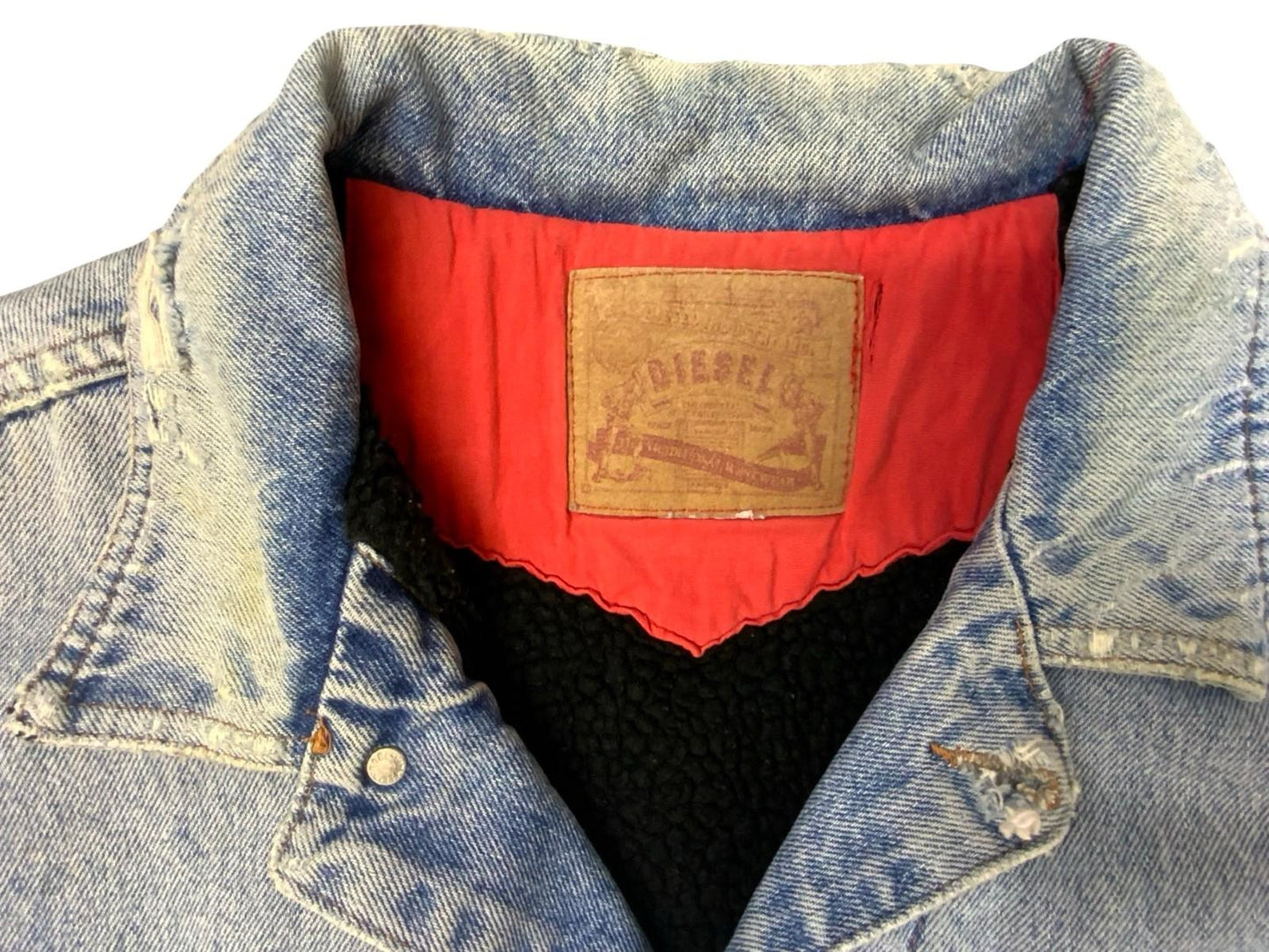 VTG 90s DISTRESSED DIESEL SHERPA LINED TYPE 3 TRUCKER DENIM JACKET DARK BLUE L