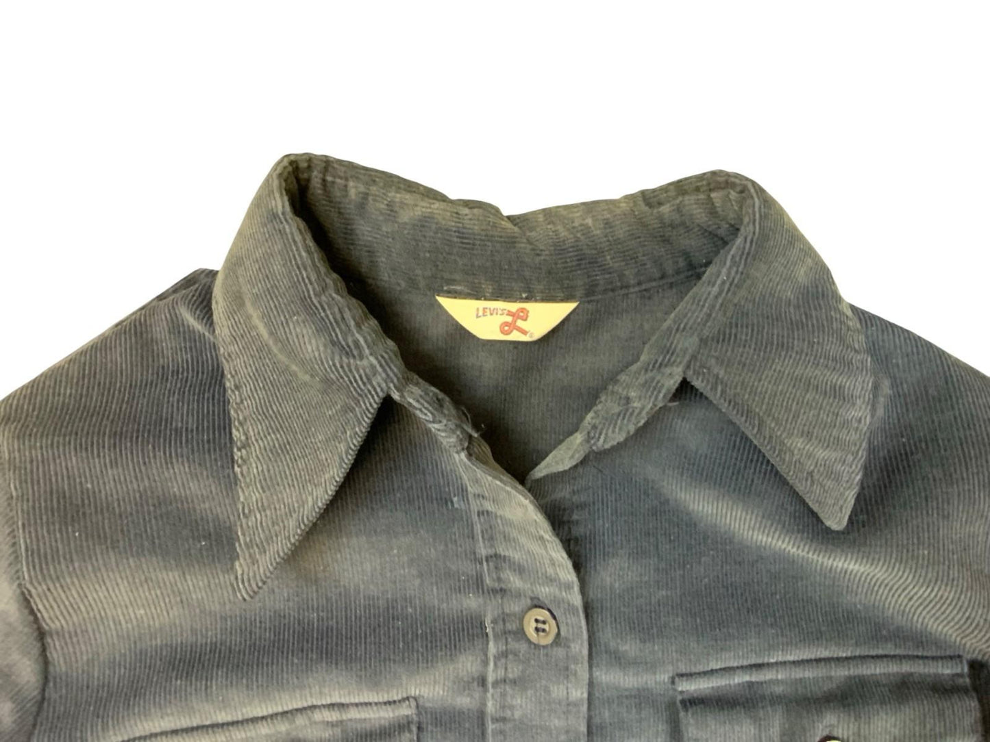 RARE VTG 1970s BIG E LEVIS CORDUROY SHIRT BIG DAGGER COLLAR NAVY BLUE M