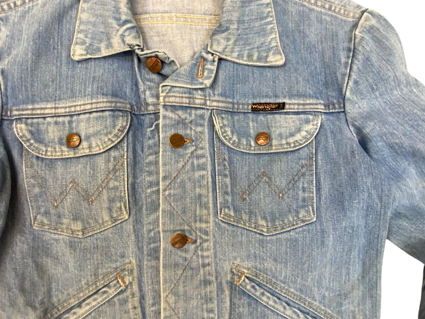 VTG 1970s WRANGLER BROKEN TWILL DENIM JACKET NICE LIGHT BLUE FADES XS