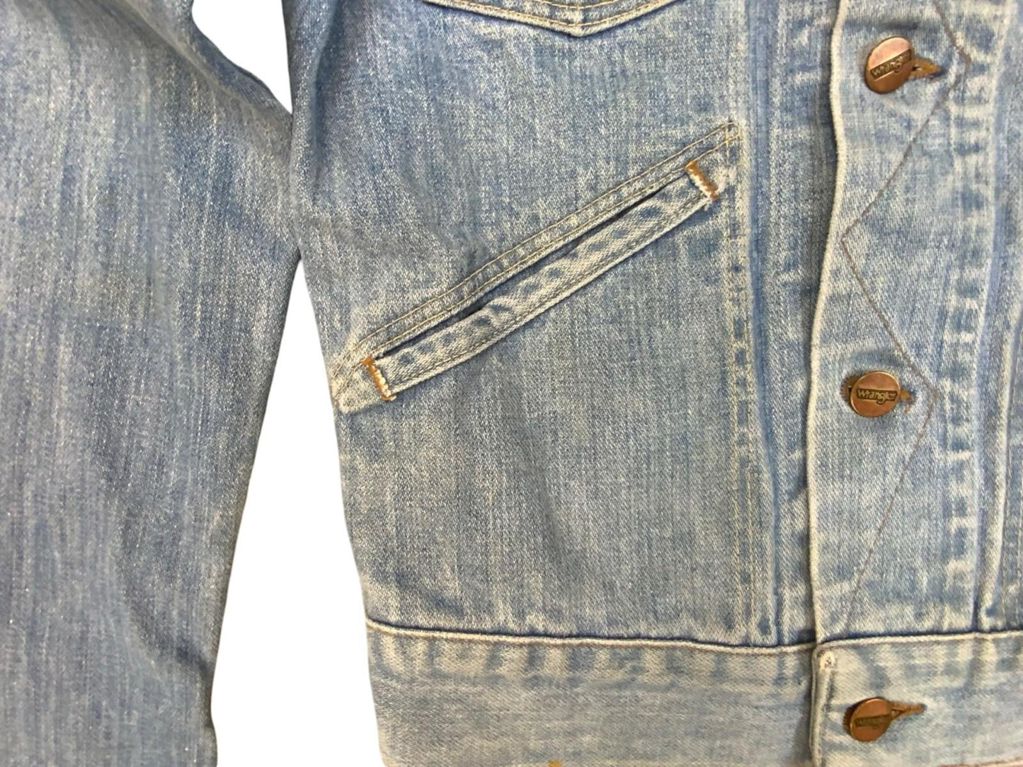 VTG 1970s WRANGLER BROKEN TWILL DENIM JACKET NICE LIGHT BLUE FADES XS