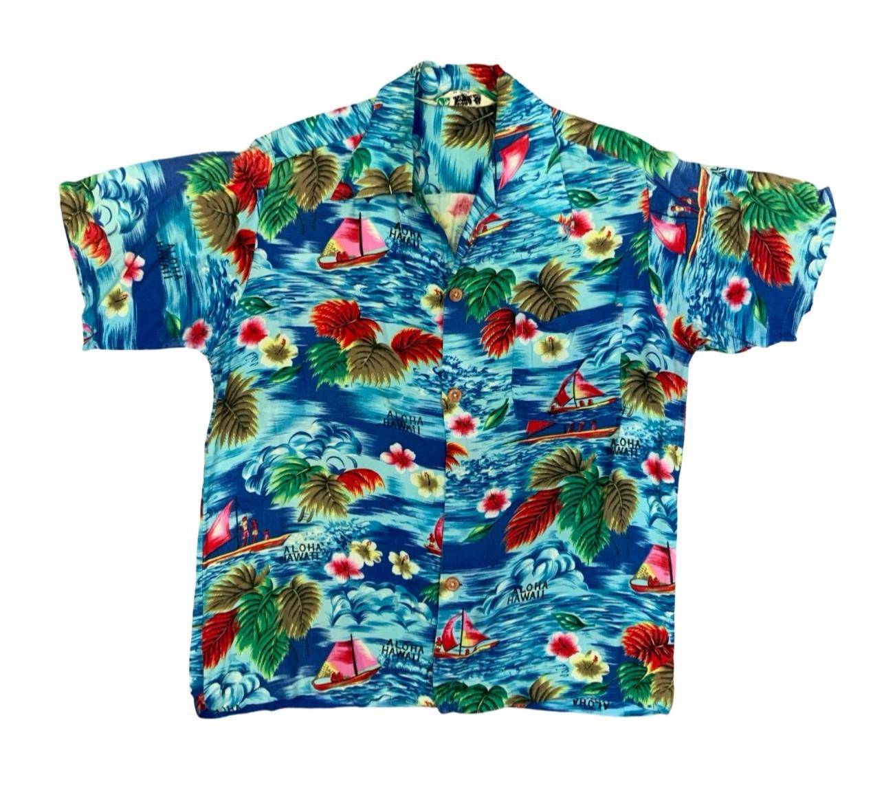 VTG 1960s GENUINE HAWAIIAN RAYON ALOHA SHIRT MADE IN HAWAII TIKI ROCKABILLY M