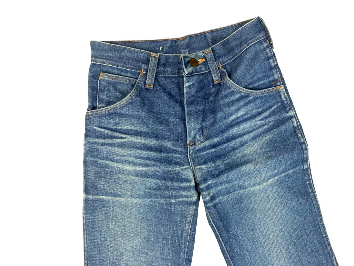 VTG 70s WRANGLER BLUEBELL FLARED JEANS FLARES FADES & WHISKERING 24”W 32”L