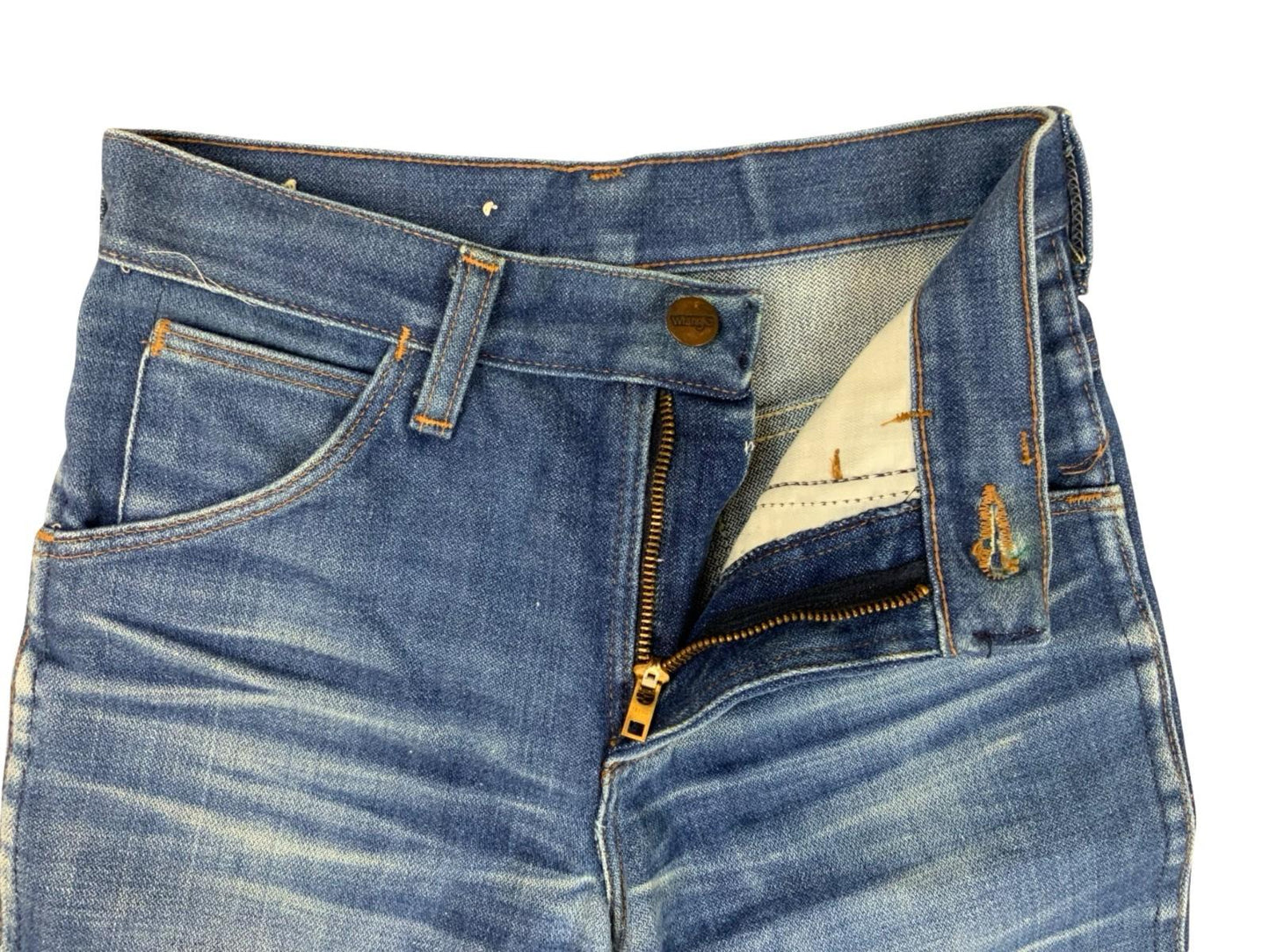 VTG 70s WRANGLER BLUEBELL FLARED JEANS FLARES FADES & WHISKERING 24”W 32”L