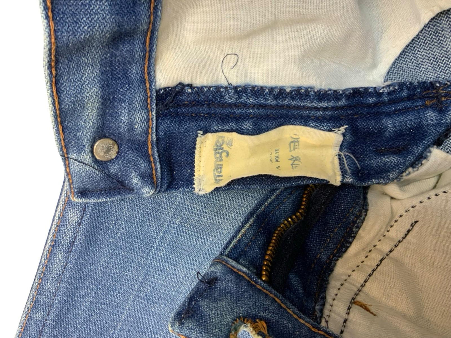 VTG 70s WRANGLER BLUEBELL FLARED JEANS FLARES FADES & WHISKERING 24”W 32”L
