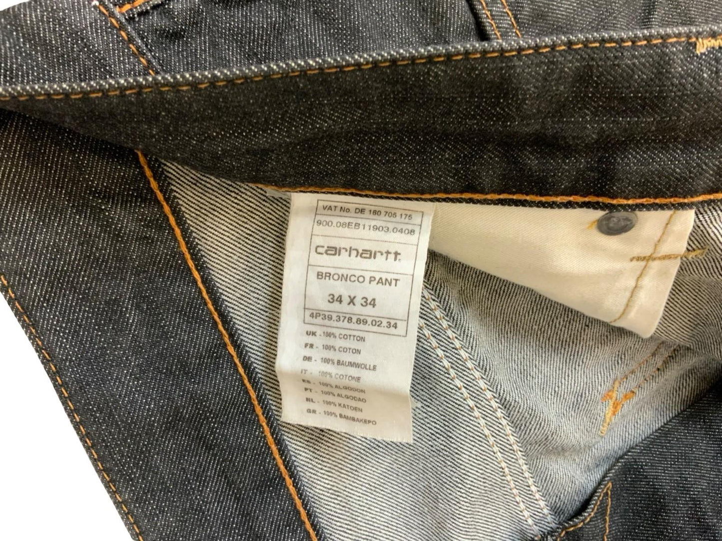 CARHARTT BRONCO PANT DARK INDIGO DENIM JEANS STRAIGHT LEG RAW 36”W 33”L