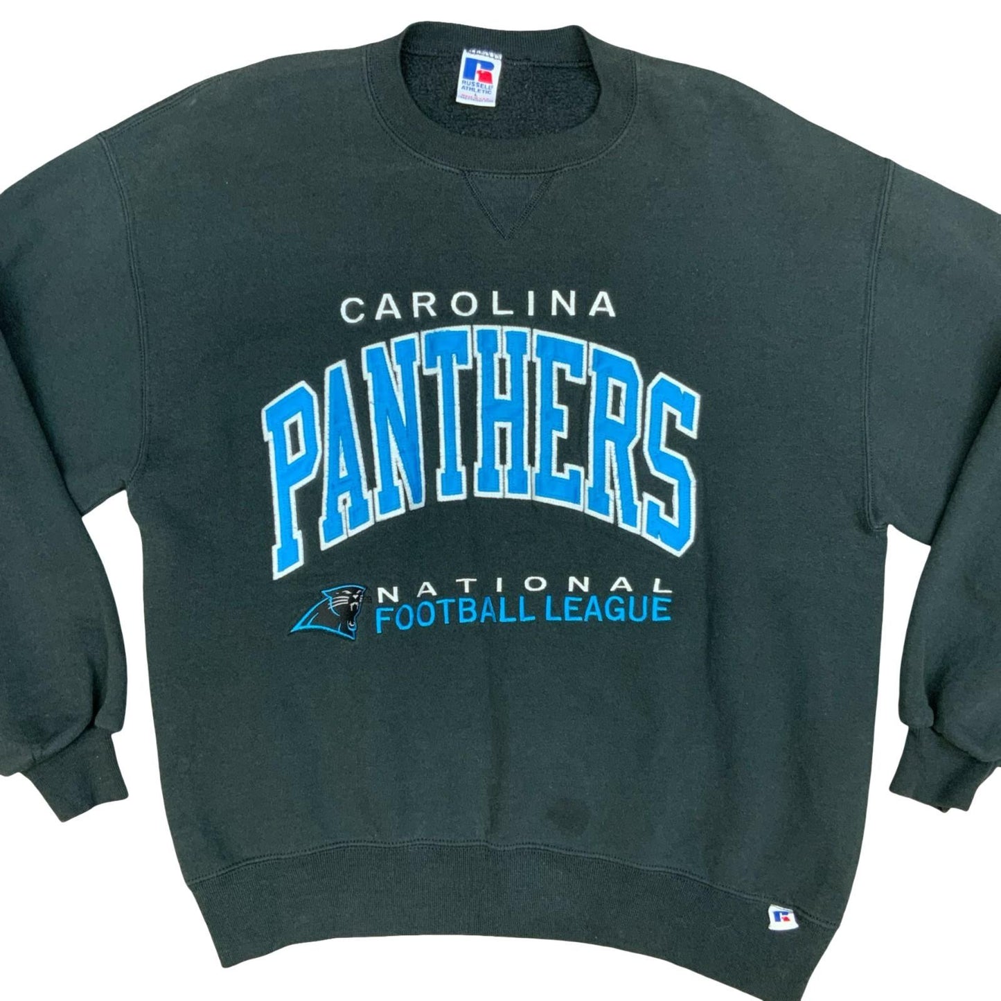 Vintage 90s Russell Athletic Carolina Panthers NFL Embroidered Black Crewneck L