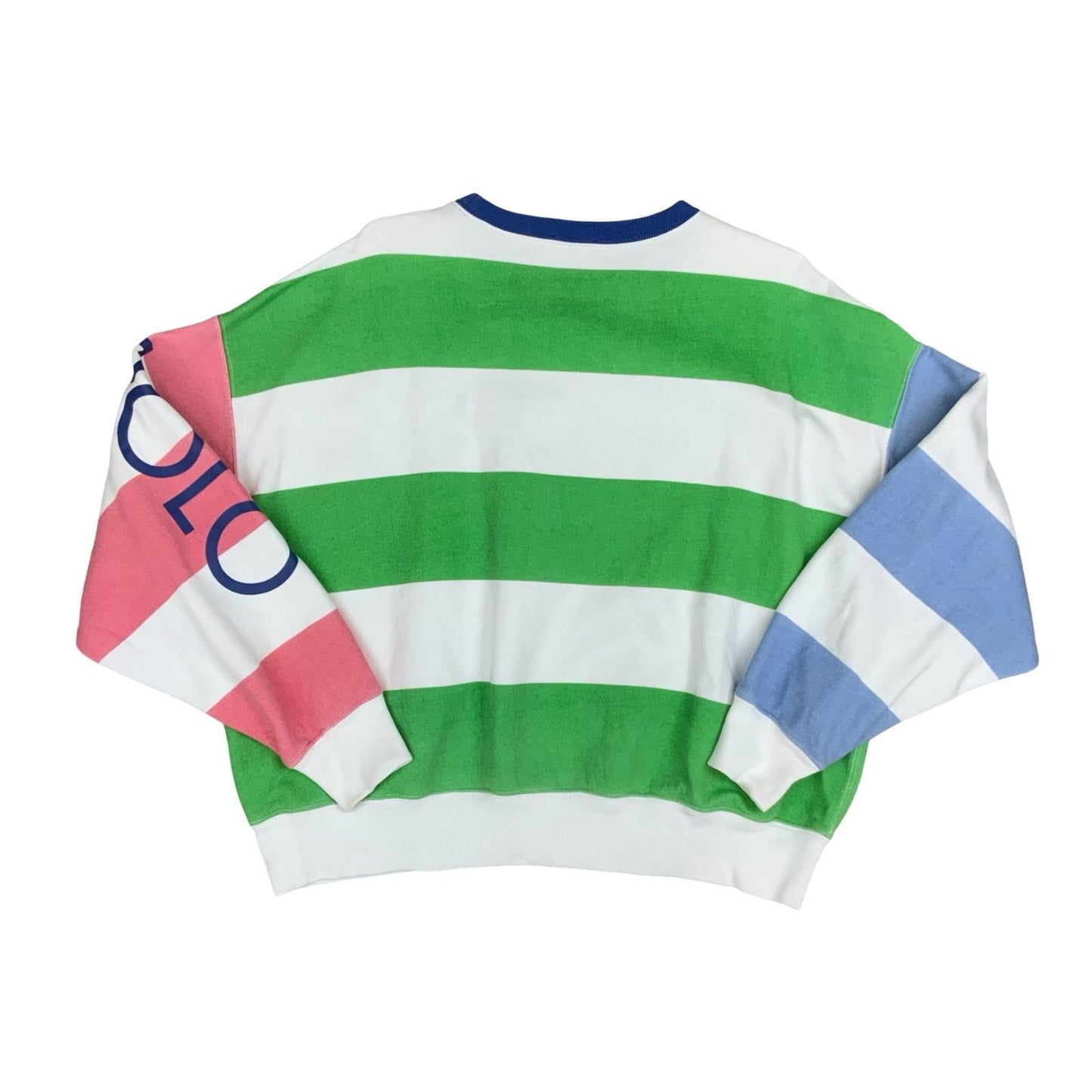 Y2K Polo Ralph Lauren Womens Striped Blue Green Pink Sweat Crewneck Jumper Lrg