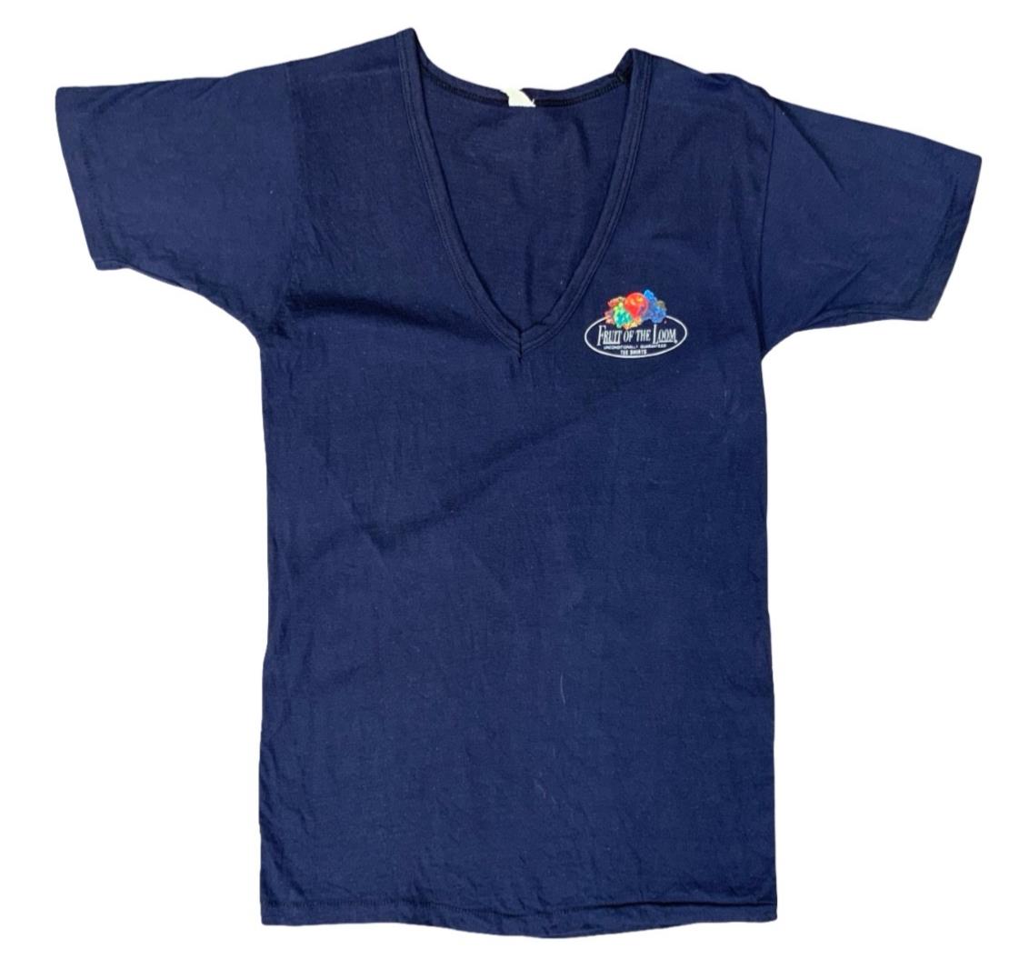 RARE VTG 1970s SINGLE STITCH FRUIT OF THE LOOM USA V NECK NAVY T SHIRT XS