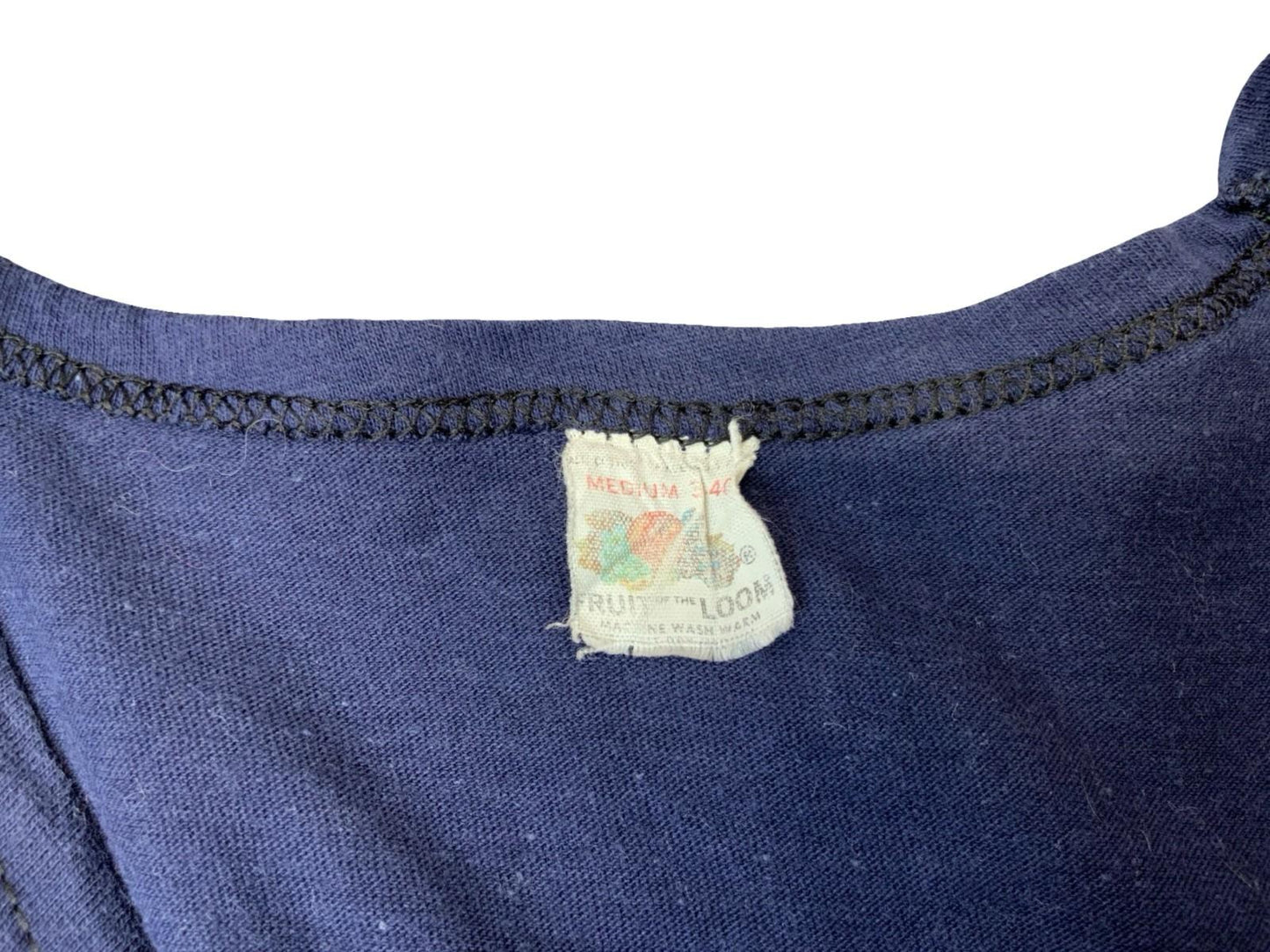 RARE VTG 1970s SINGLE STITCH FRUIT OF THE LOOM USA V NECK NAVY T SHIRT XS