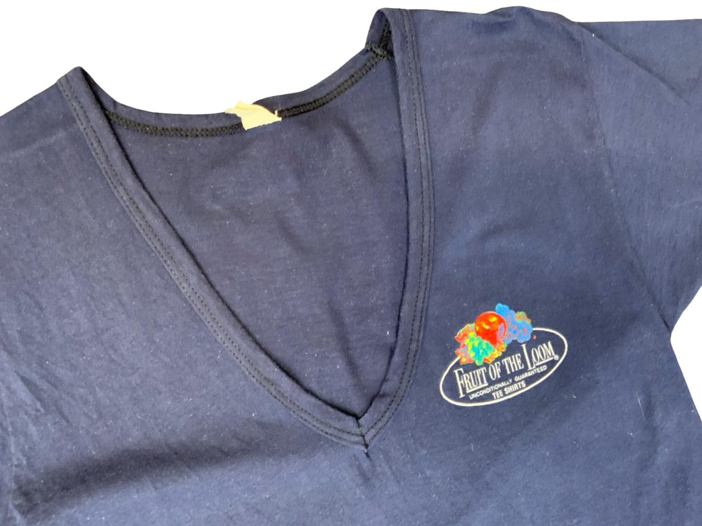 RARE VTG 1970s SINGLE STITCH FRUIT OF THE LOOM USA V NECK NAVY T SHIRT XS
