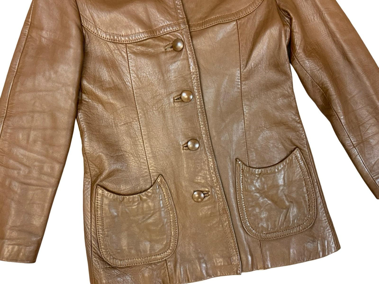 LADIES VTG 1970s SOFT BROWN LEATHER JACKET LARGE COLLARS DISCO BOHO HIPPY UK 8