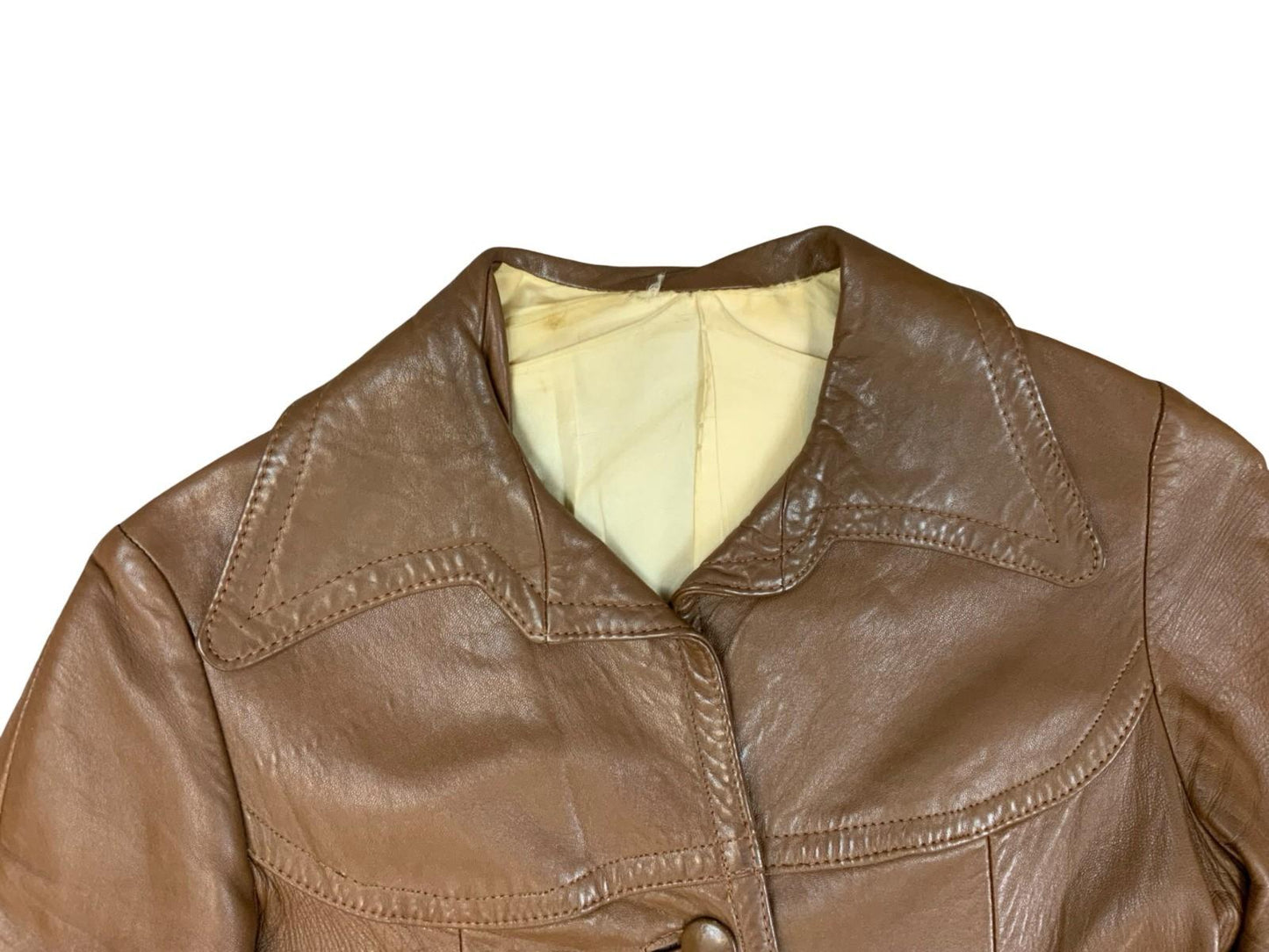 LADIES VTG 1970s SOFT BROWN LEATHER JACKET LARGE COLLARS DISCO BOHO HIPPY UK 8