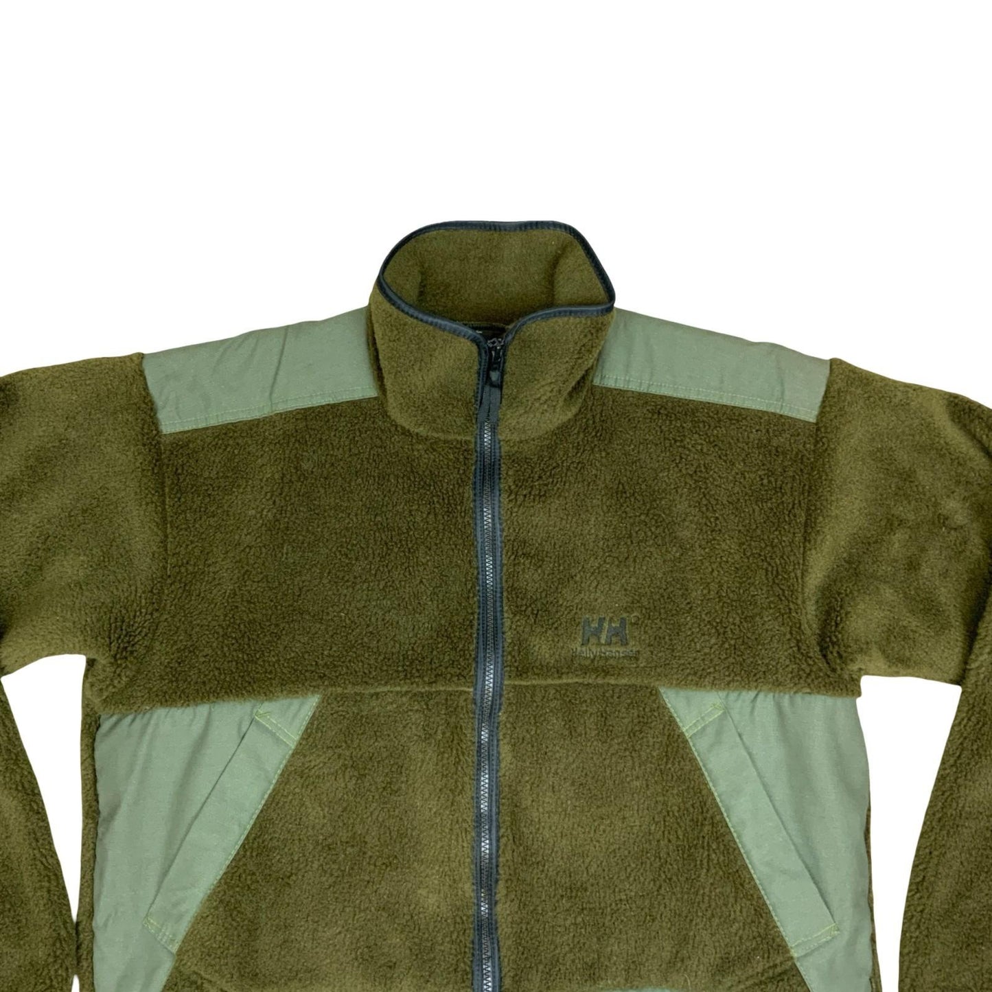 Vintage 90s Helly Hansen Khaki Green Sherpa Fleece Sweater Jacket Extra Large XL