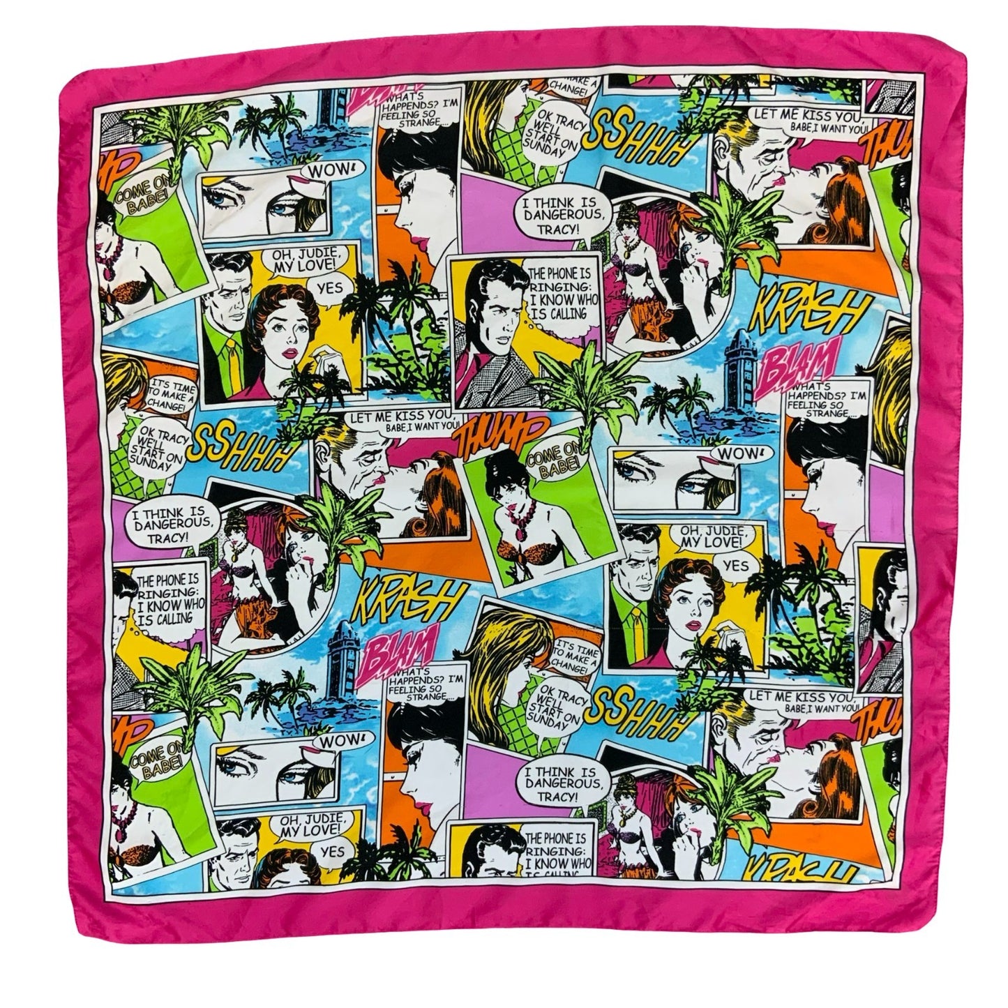 VTG 90s 'ATOS LOMBARDINI' PINK COMIC RETRO POP-ART GRAPHIC SQUARE SCARF
