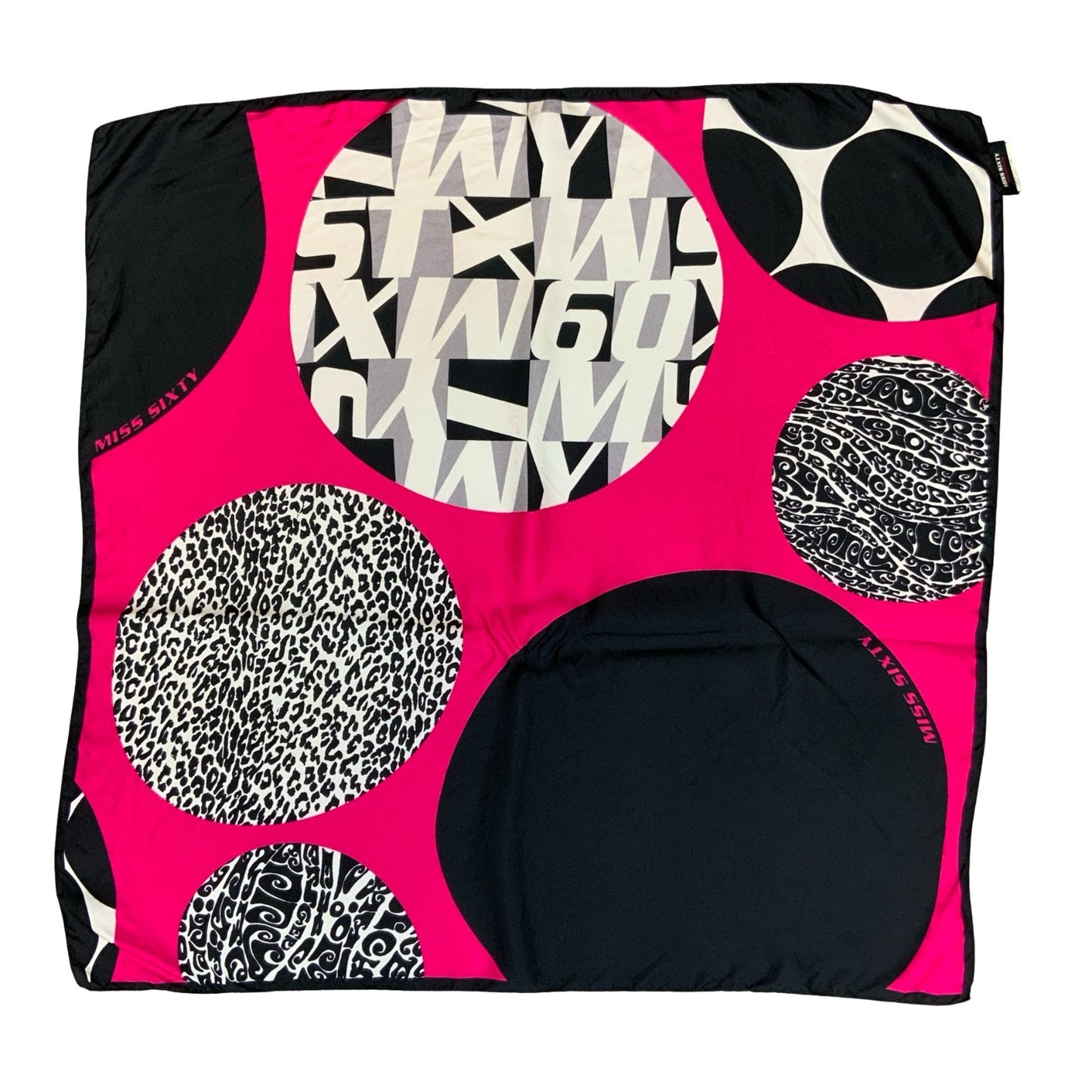 VTG 90s 'MISS SIXTY' PINK BLACK RETRO BOLD GRAPHIC POLKA-DOT SQUARE SCARF