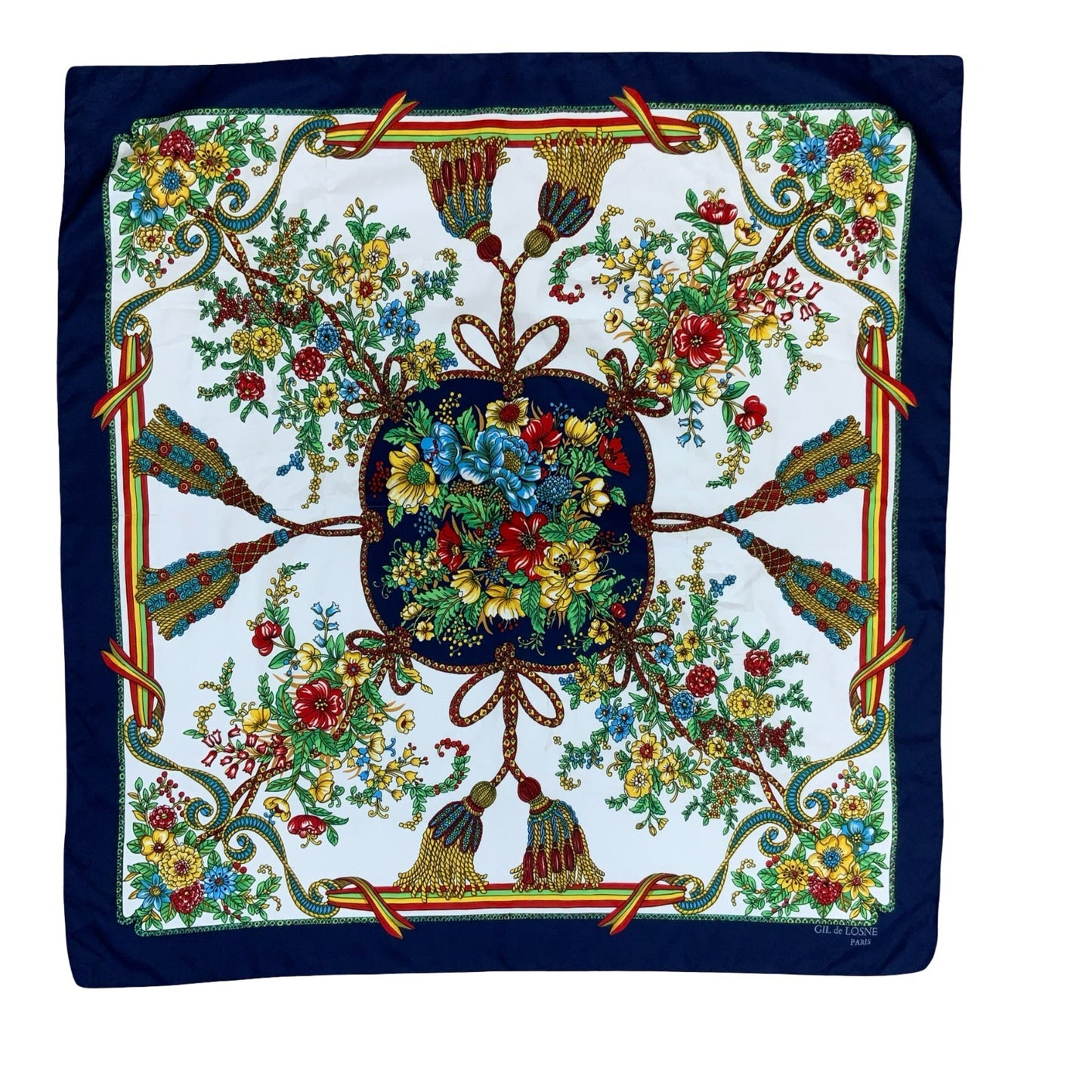 VTG 80s 'GIL DE LOSNE' PARIS BLUE RED YELLOW FLORAL TASSEL FRENCH SQUARE SCARF