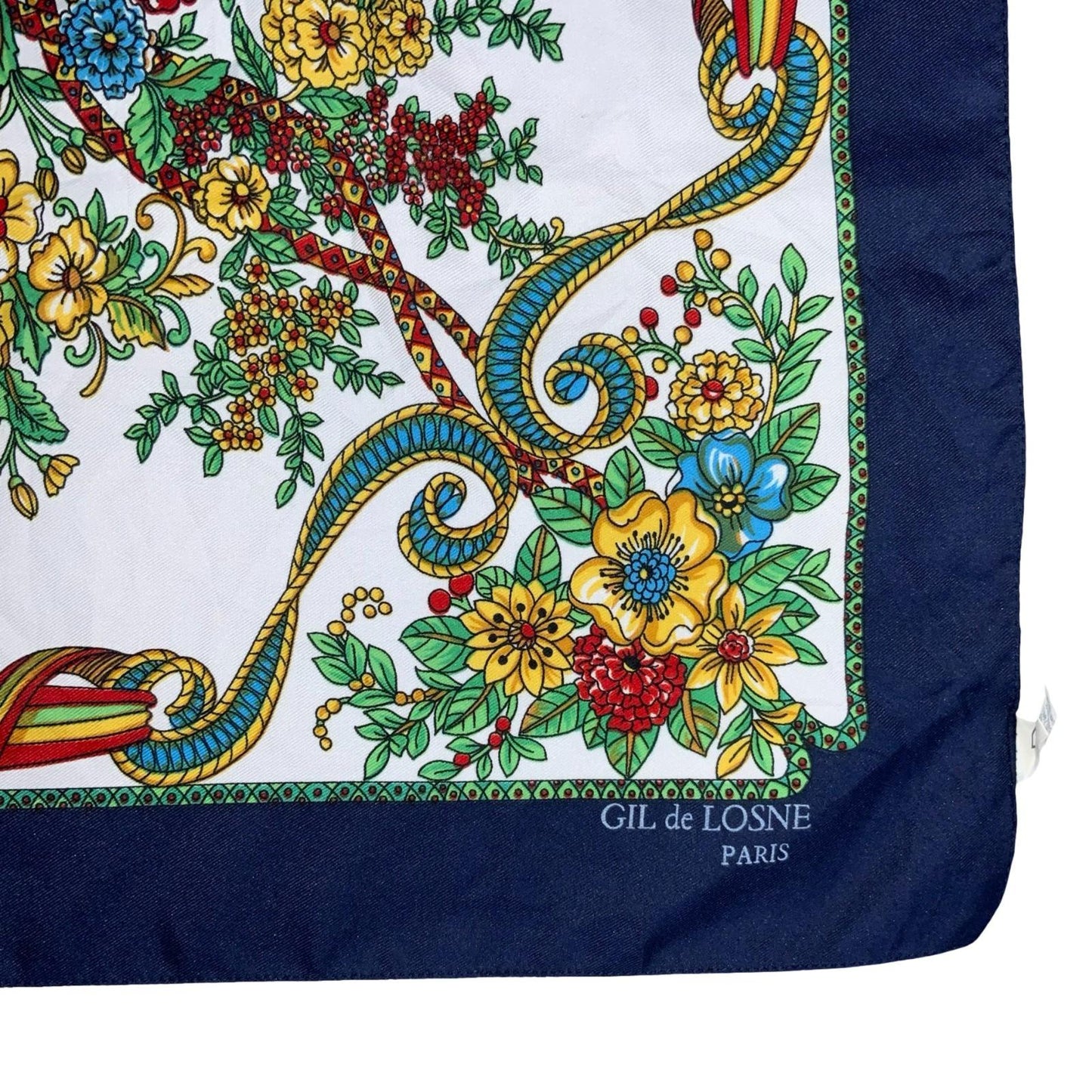 VTG 80s 'GIL DE LOSNE' PARIS BLUE RED YELLOW FLORAL TASSEL FRENCH SQUARE SCARF