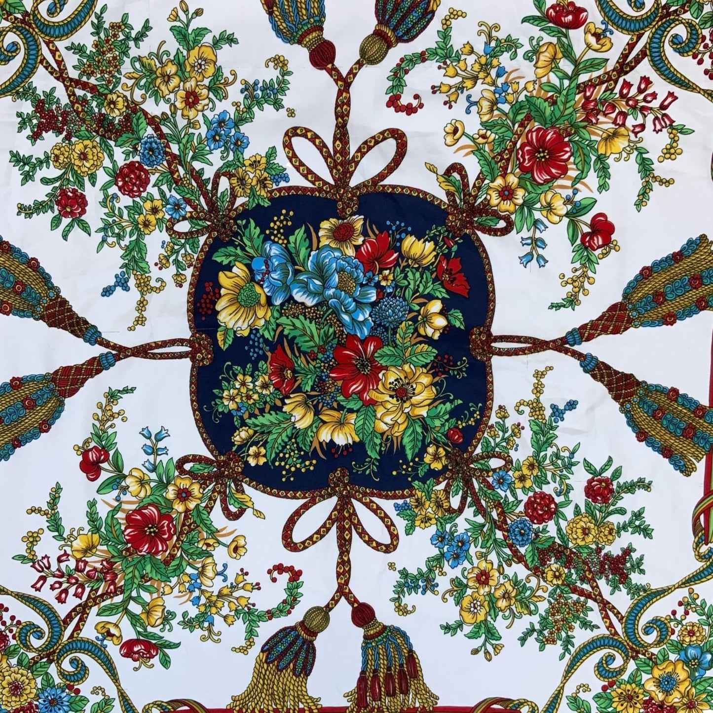 VTG 80s 'GIL DE LOSNE' PARIS BLUE RED YELLOW FLORAL TASSEL FRENCH SQUARE SCARF