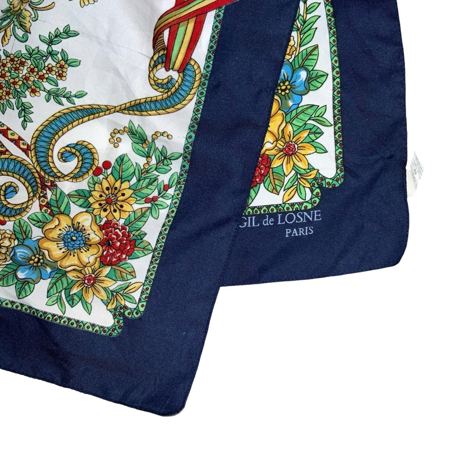 VTG 80s 'GIL DE LOSNE' PARIS BLUE RED YELLOW FLORAL TASSEL FRENCH SQUARE SCARF