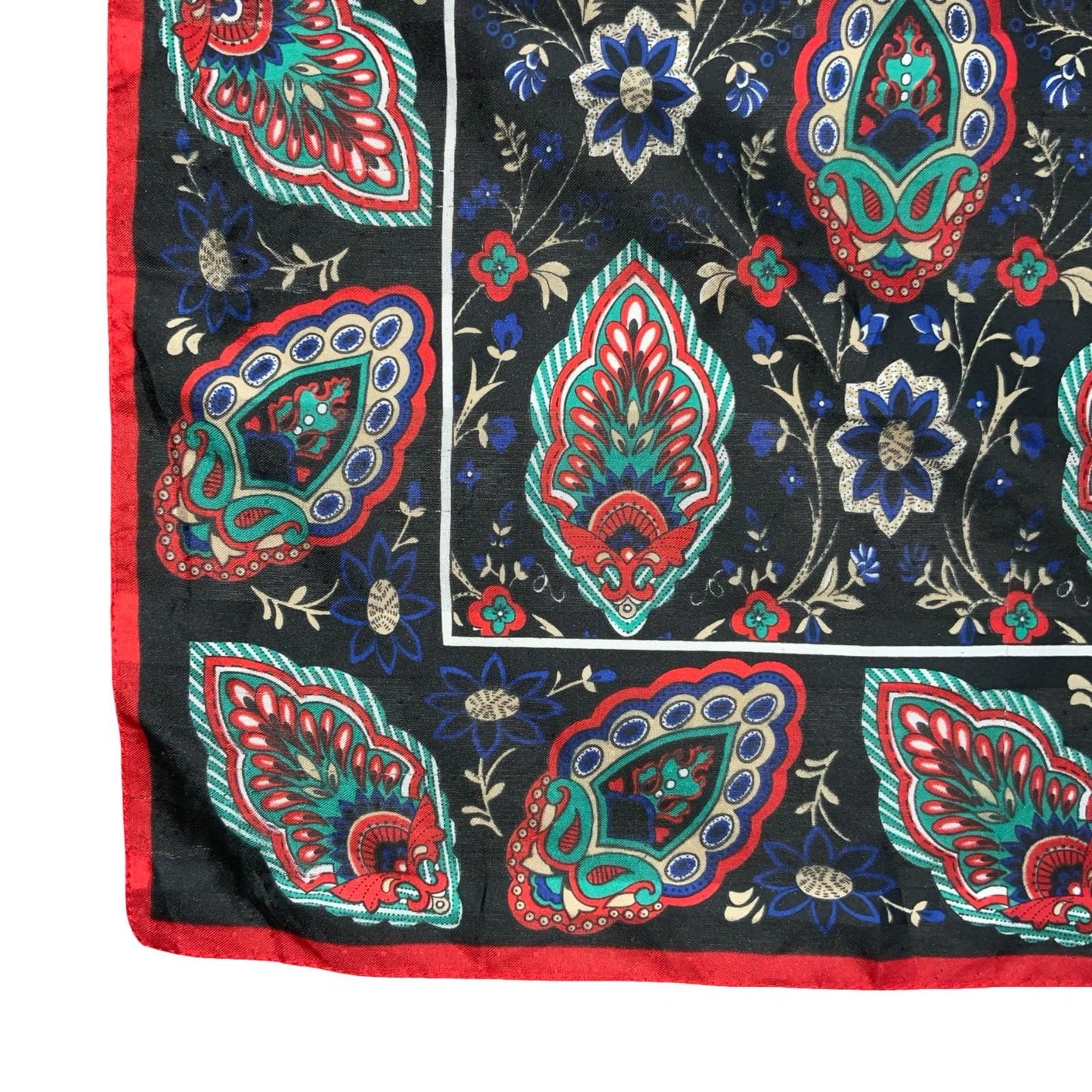 VTG RED BLACK BLUE FLORAL FOLK FAN FEATHER INTRICATE PATTERN SQUARE SCARF