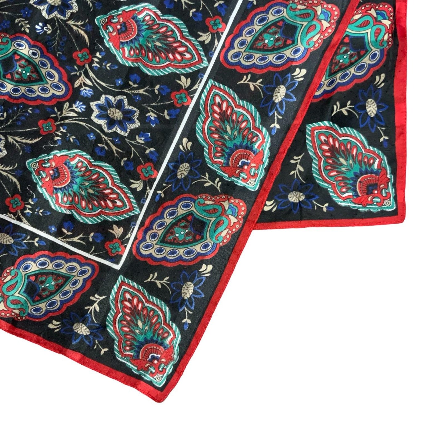 VTG RED BLACK BLUE FLORAL FOLK FAN FEATHER INTRICATE PATTERN SQUARE SCARF