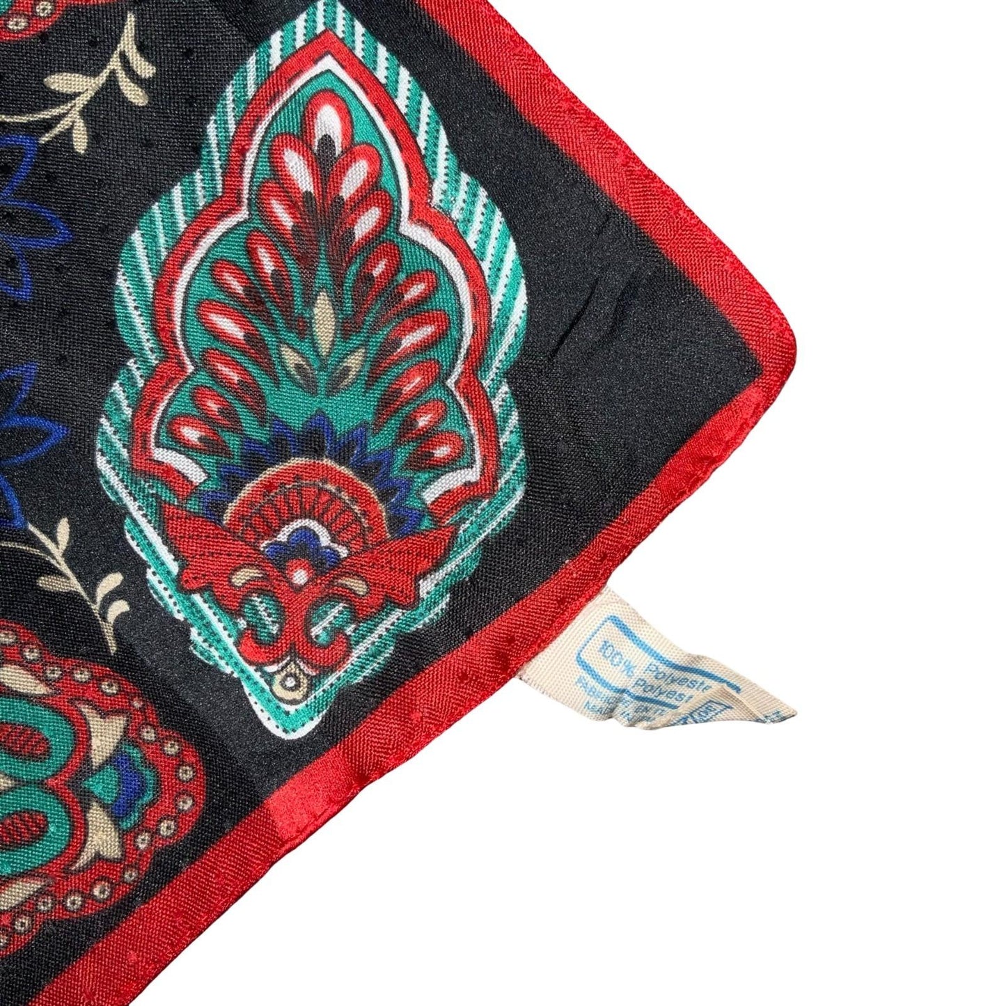 VTG RED BLACK BLUE FLORAL FOLK FAN FEATHER INTRICATE PATTERN SQUARE SCARF