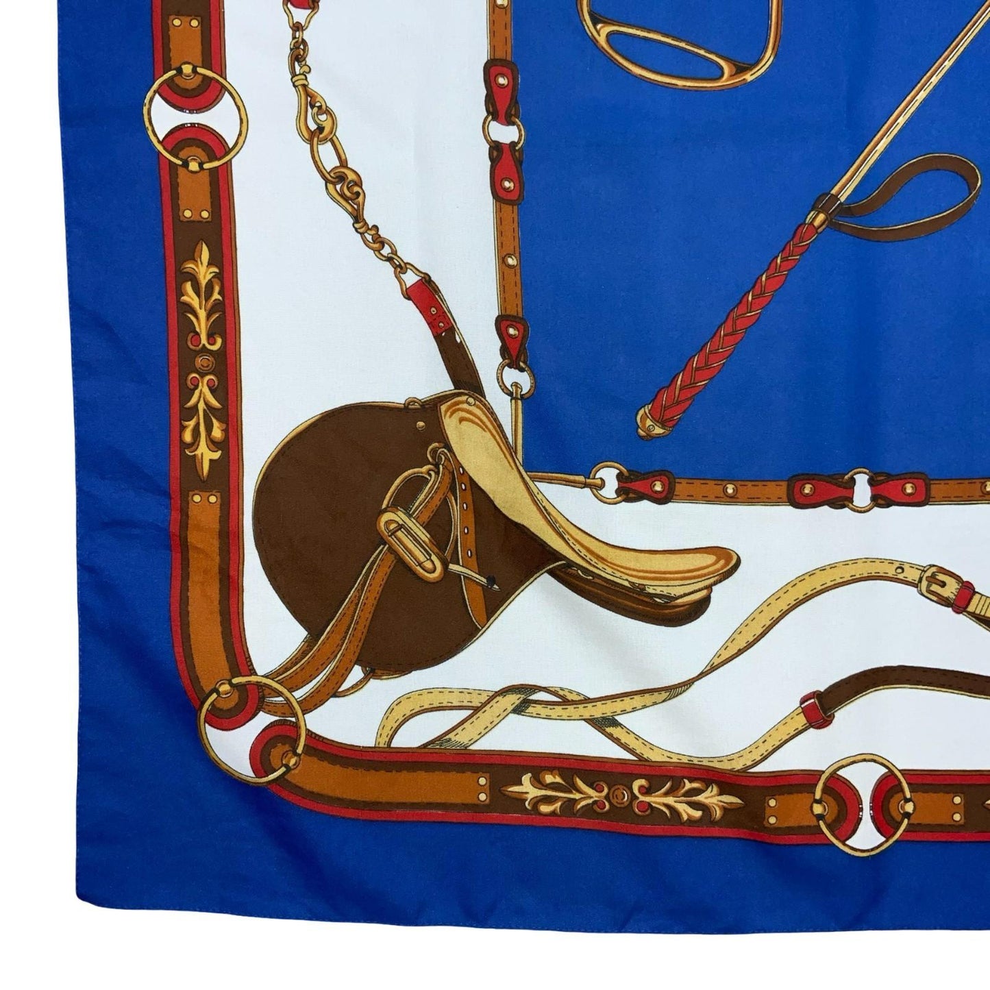 VTG BLUE BROWN GOLD WHITE EQUESTRIAN HORSE THEME SADDLE WHIP SQUARE SCARF