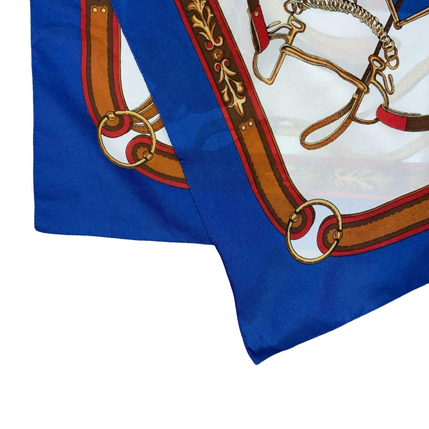 VTG BLUE BROWN GOLD WHITE EQUESTRIAN HORSE THEME SADDLE WHIP SQUARE SCARF