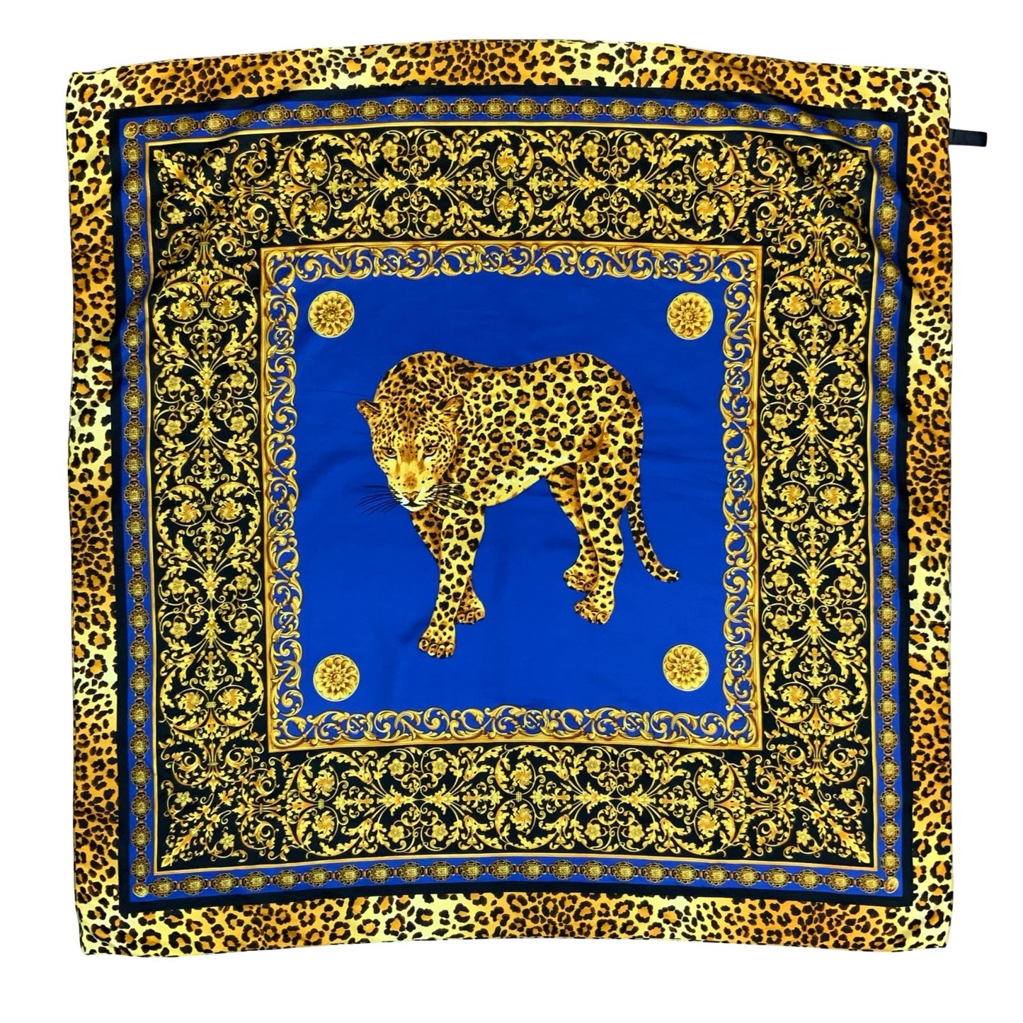 VTG 90s ELEGANT ROYAL GOLD BLUE LEOPARD DECORATIVE BAROQUE-STYLE SQUARE SCARF