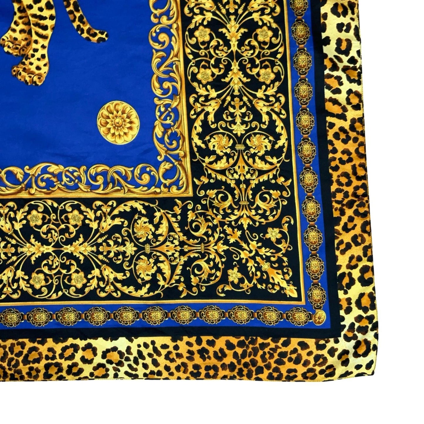 VTG 90s ELEGANT ROYAL GOLD BLUE LEOPARD DECORATIVE BAROQUE-STYLE SQUARE SCARF