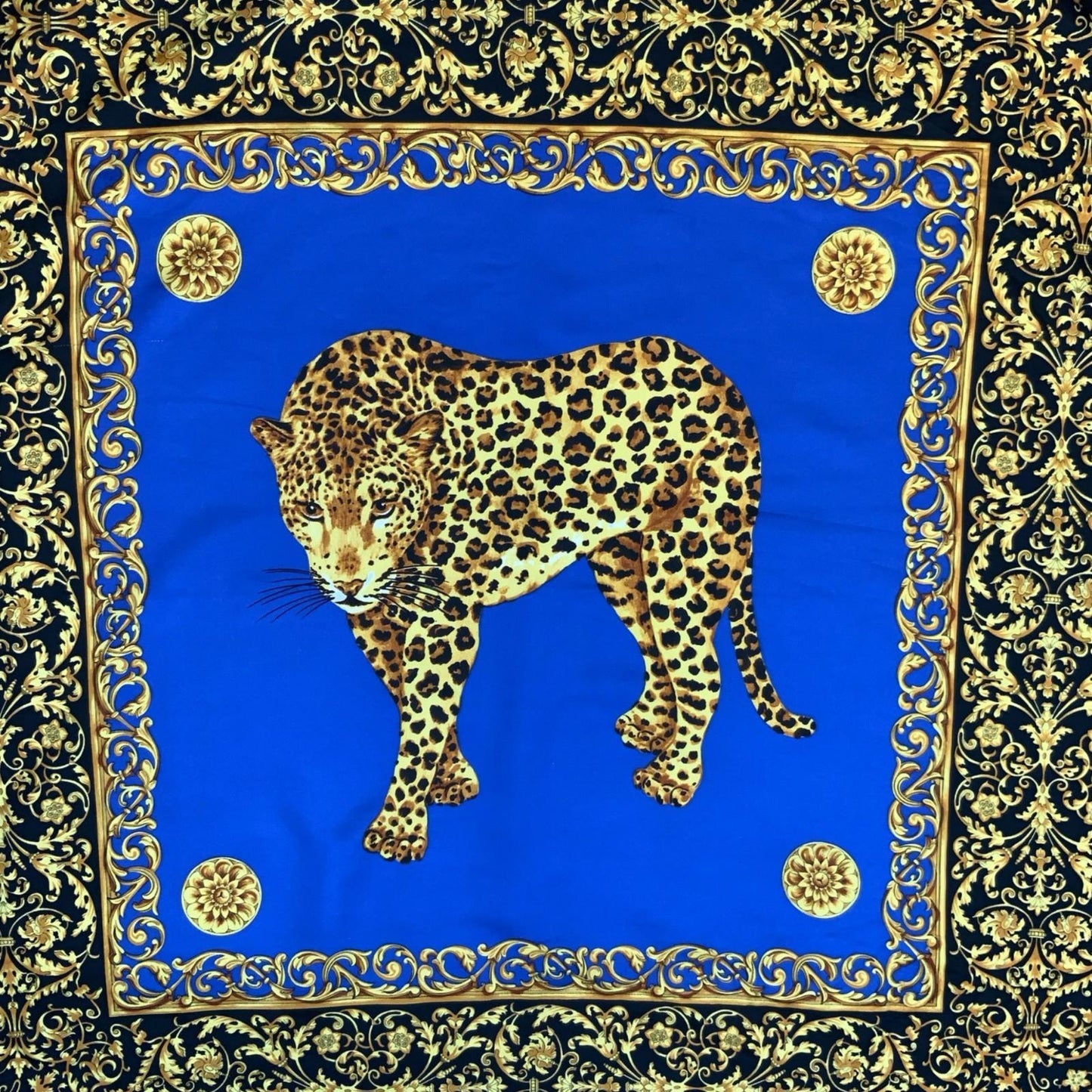 VTG 90s ELEGANT ROYAL GOLD BLUE LEOPARD DECORATIVE BAROQUE-STYLE SQUARE SCARF