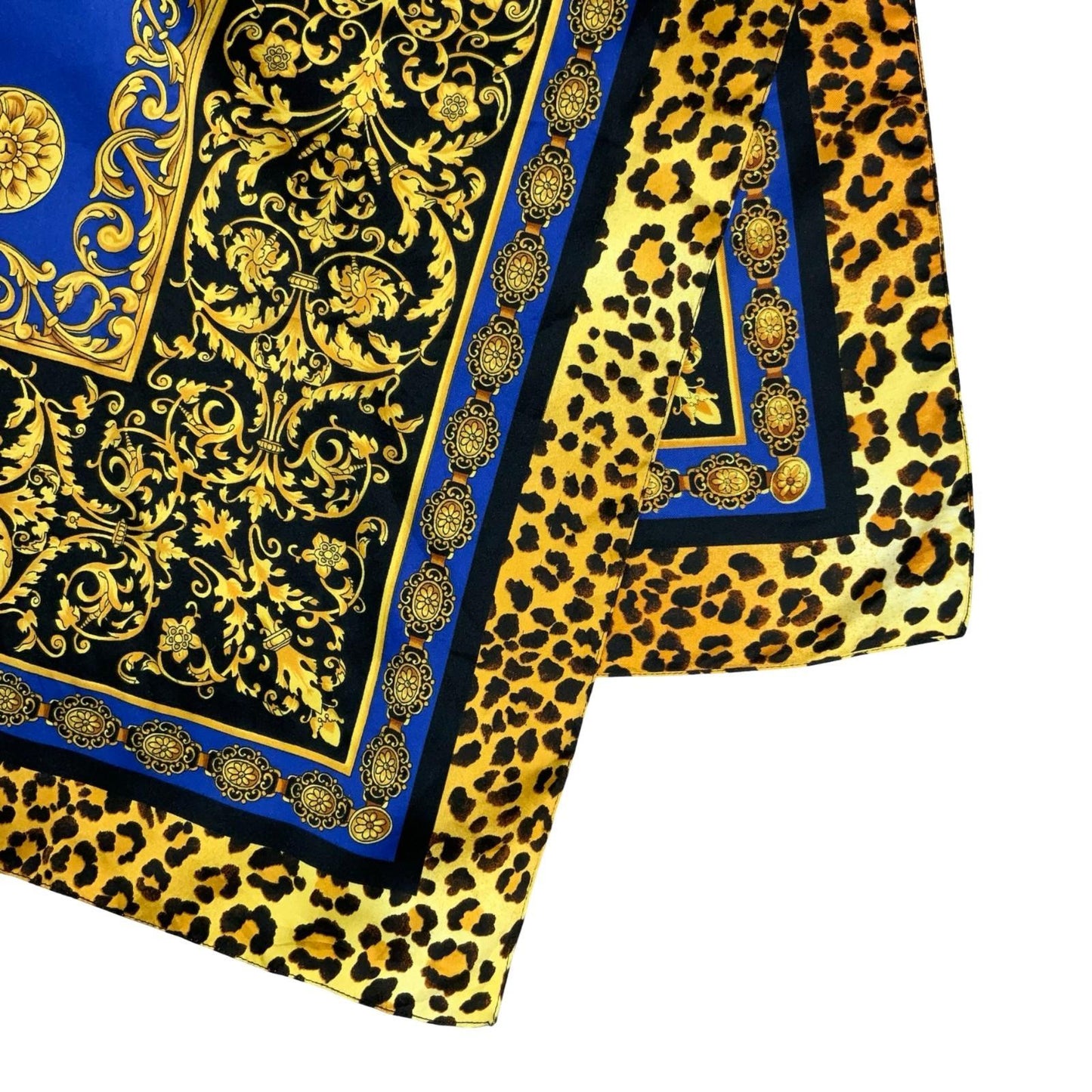 VTG 90s ELEGANT ROYAL GOLD BLUE LEOPARD DECORATIVE BAROQUE-STYLE SQUARE SCARF