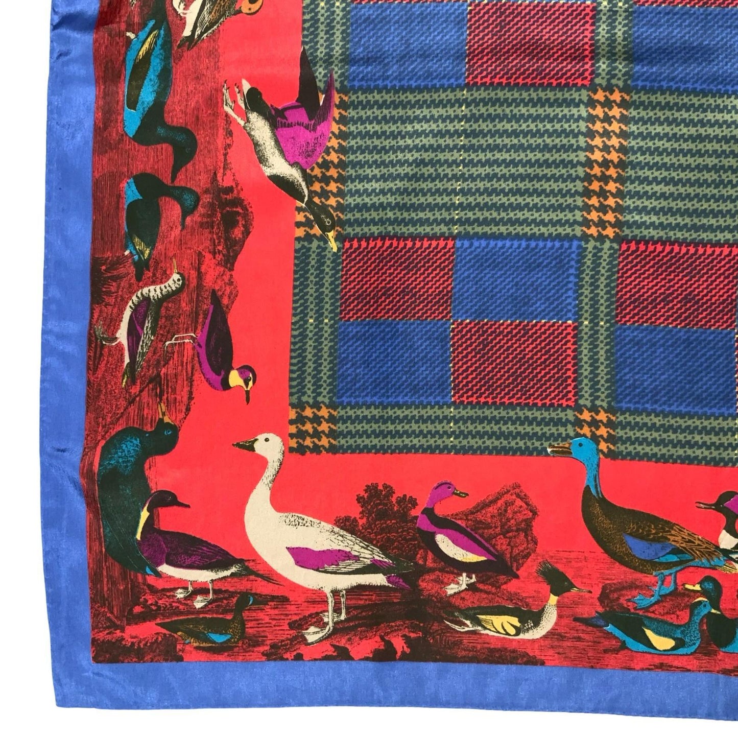 VTG BLUE RED GRAPHIC BIRDS AVIAN DUCK CHECKED COLOURFUL SQUARE SCARF