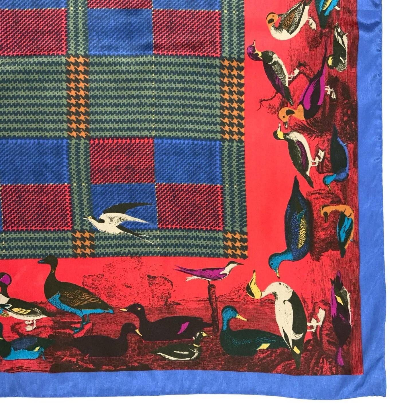 VTG BLUE RED GRAPHIC BIRDS AVIAN DUCK CHECKED COLOURFUL SQUARE SCARF