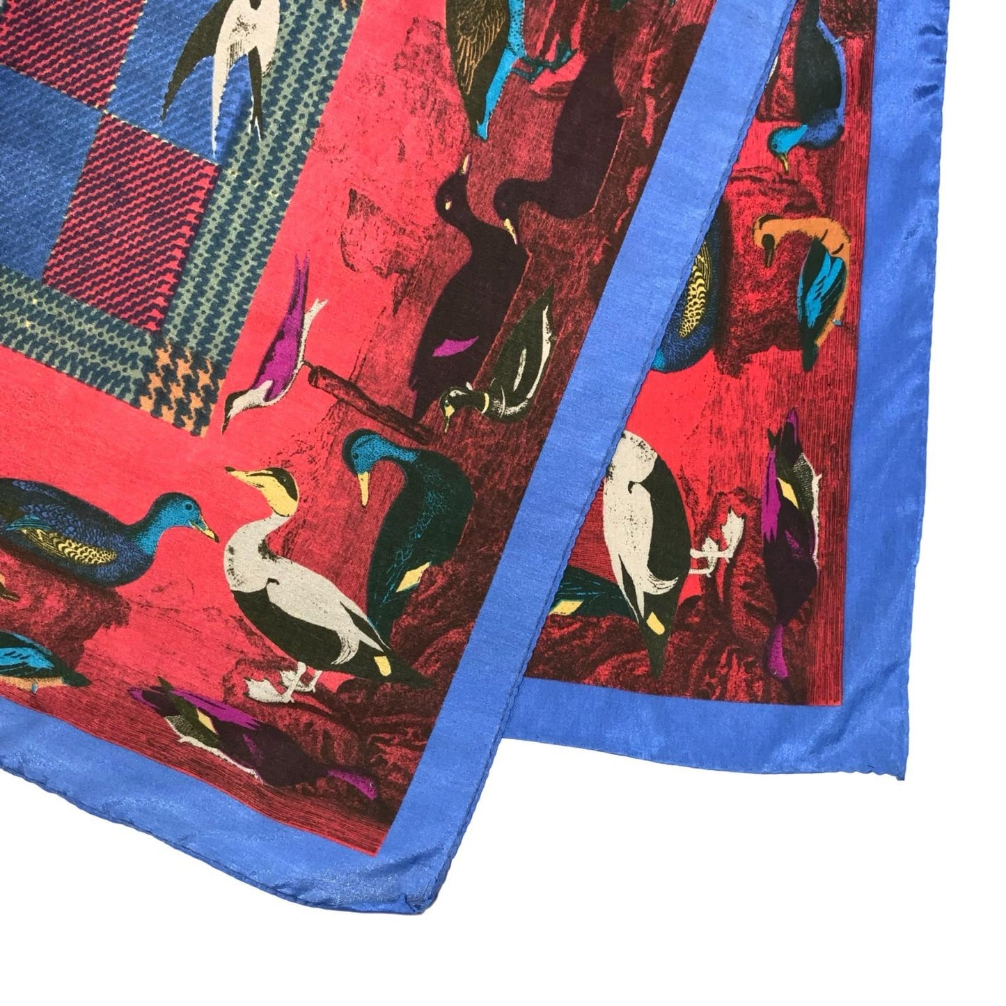 VTG BLUE RED GRAPHIC BIRDS AVIAN DUCK CHECKED COLOURFUL SQUARE SCARF