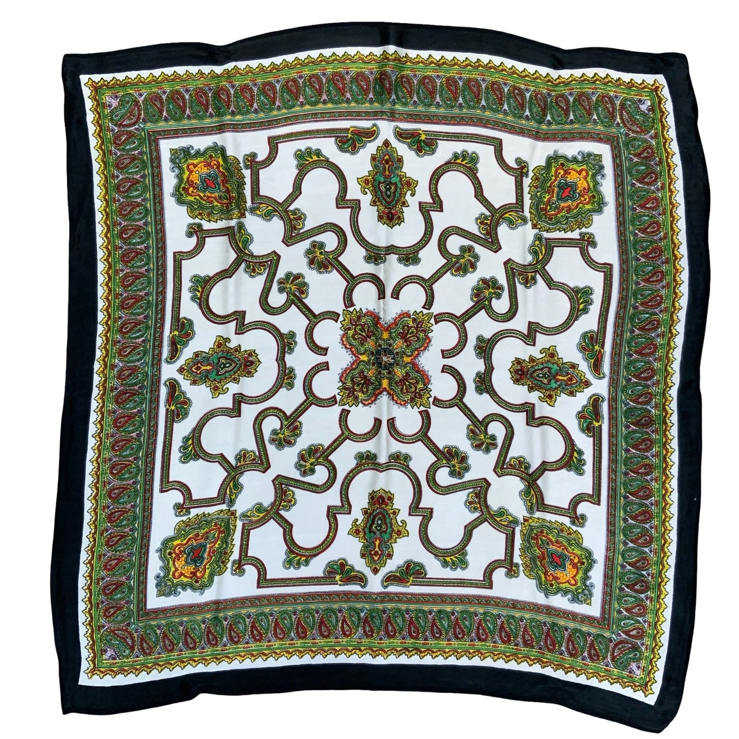 VTG BLACK GREEN RED WHITE DETAILED PATTERN PAISLEY SQUARE SCARF