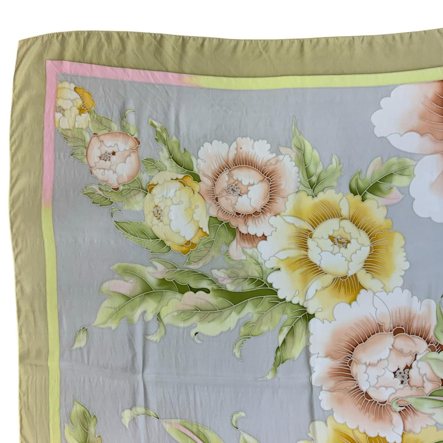 VTG 80s 90s CREAM YELLOW BEIGE FLORAL BOTANICAL AESTHETIC SQUARE SCARF