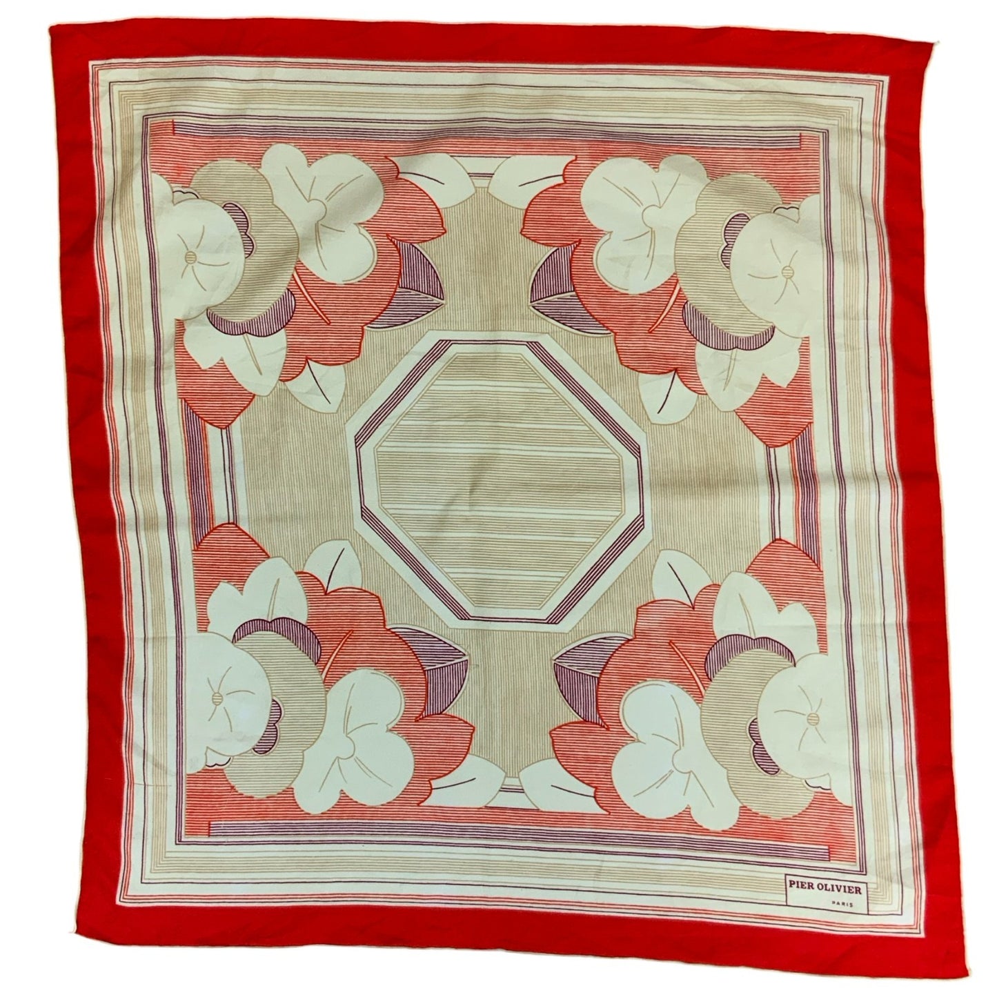 VTG 'PIER OLIVIER' PARIS RED PURPLE CREAM FLORAL STRIPED INTRICATE SQUARE SCARF