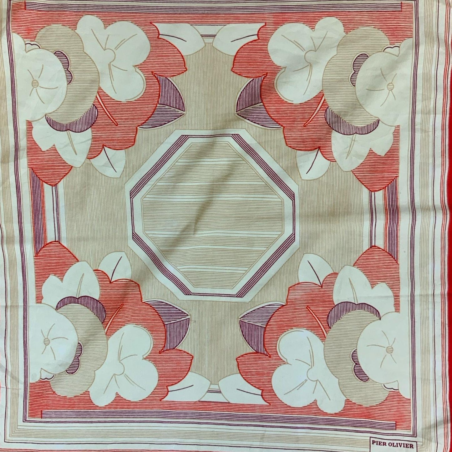 VTG 'PIER OLIVIER' PARIS RED PURPLE CREAM FLORAL STRIPED INTRICATE SQUARE SCARF