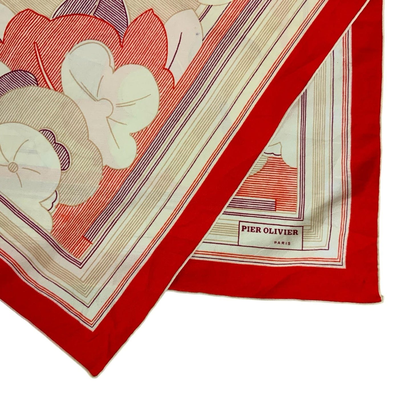 VTG 'PIER OLIVIER' PARIS RED PURPLE CREAM FLORAL STRIPED INTRICATE SQUARE SCARF