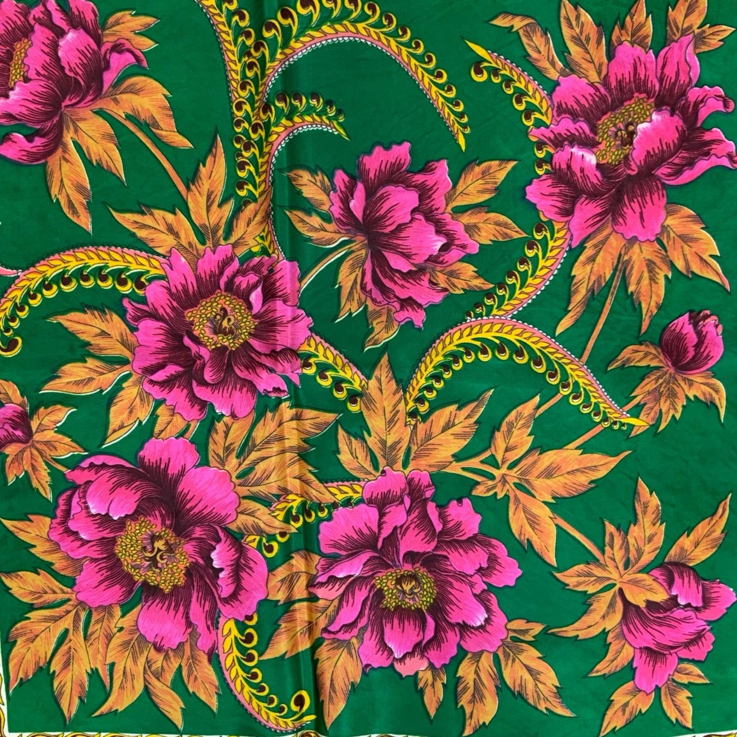 VTG GREEN PINK FLORAL GOLD LEAF PATTERNED SILK VIBRANT LUXURY SQUARE SCARF