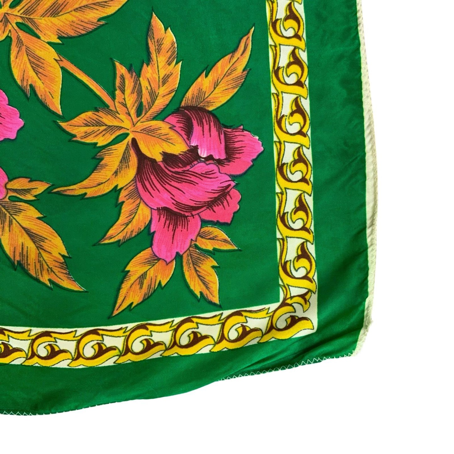 VTG GREEN PINK FLORAL GOLD LEAF PATTERNED SILK VIBRANT LUXURY SQUARE SCARF