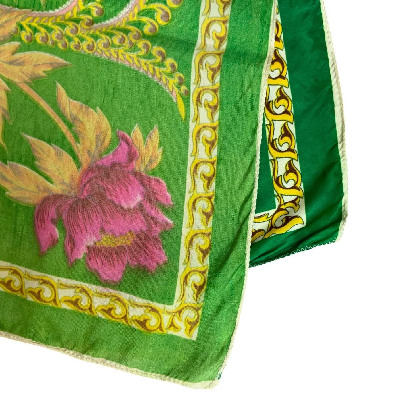 VTG GREEN PINK FLORAL GOLD LEAF PATTERNED SILK VIBRANT LUXURY SQUARE SCARF