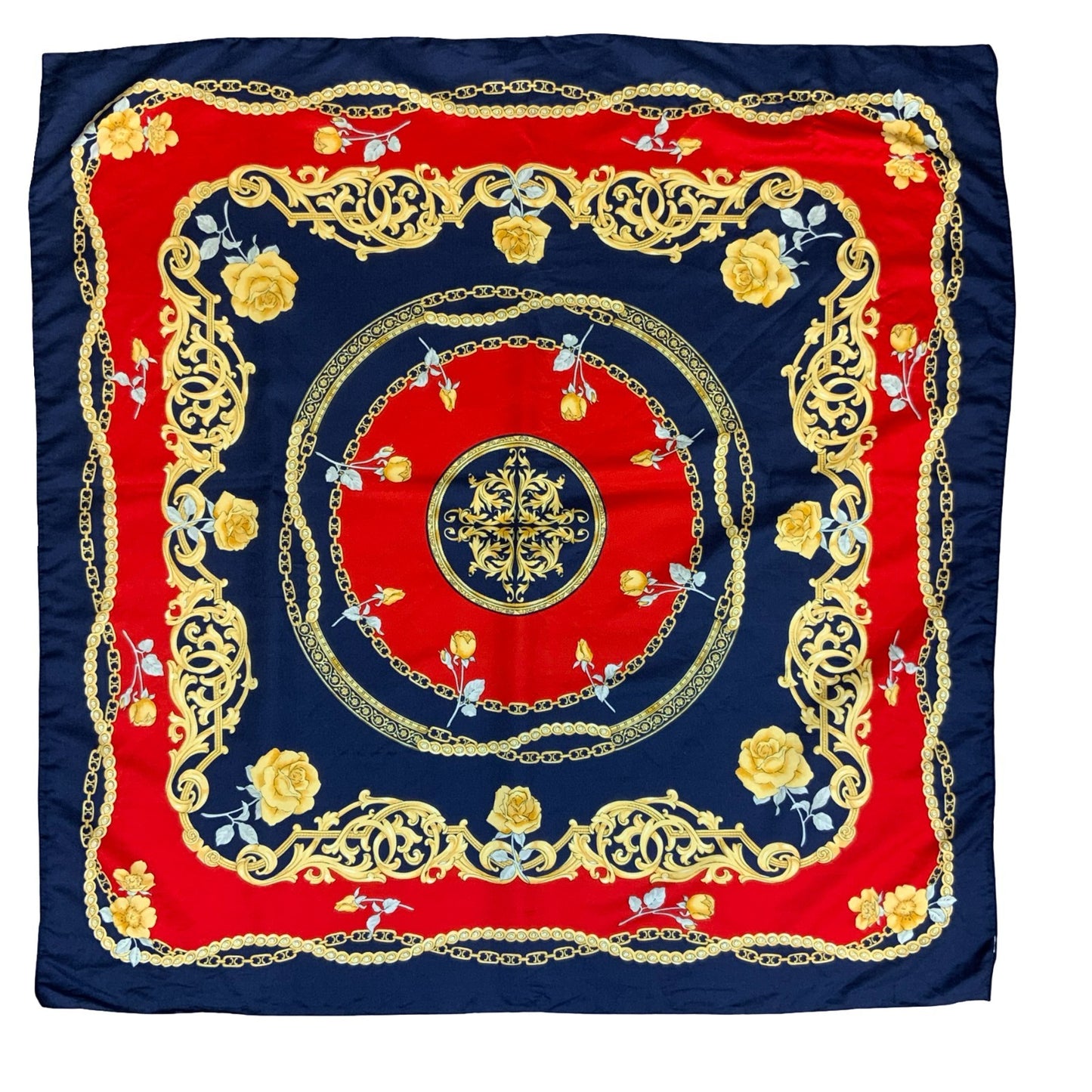 VTG BLUE RED GOLD ROYAL CHAIL FLORAL ROSE INTRICATE DESIGN SQUARE SCARF