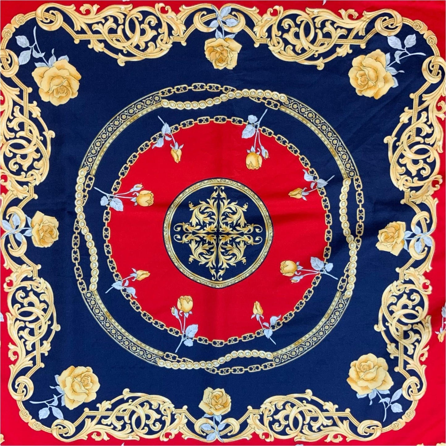 VTG BLUE RED GOLD ROYAL CHAIL FLORAL ROSE INTRICATE DESIGN SQUARE SCARF
